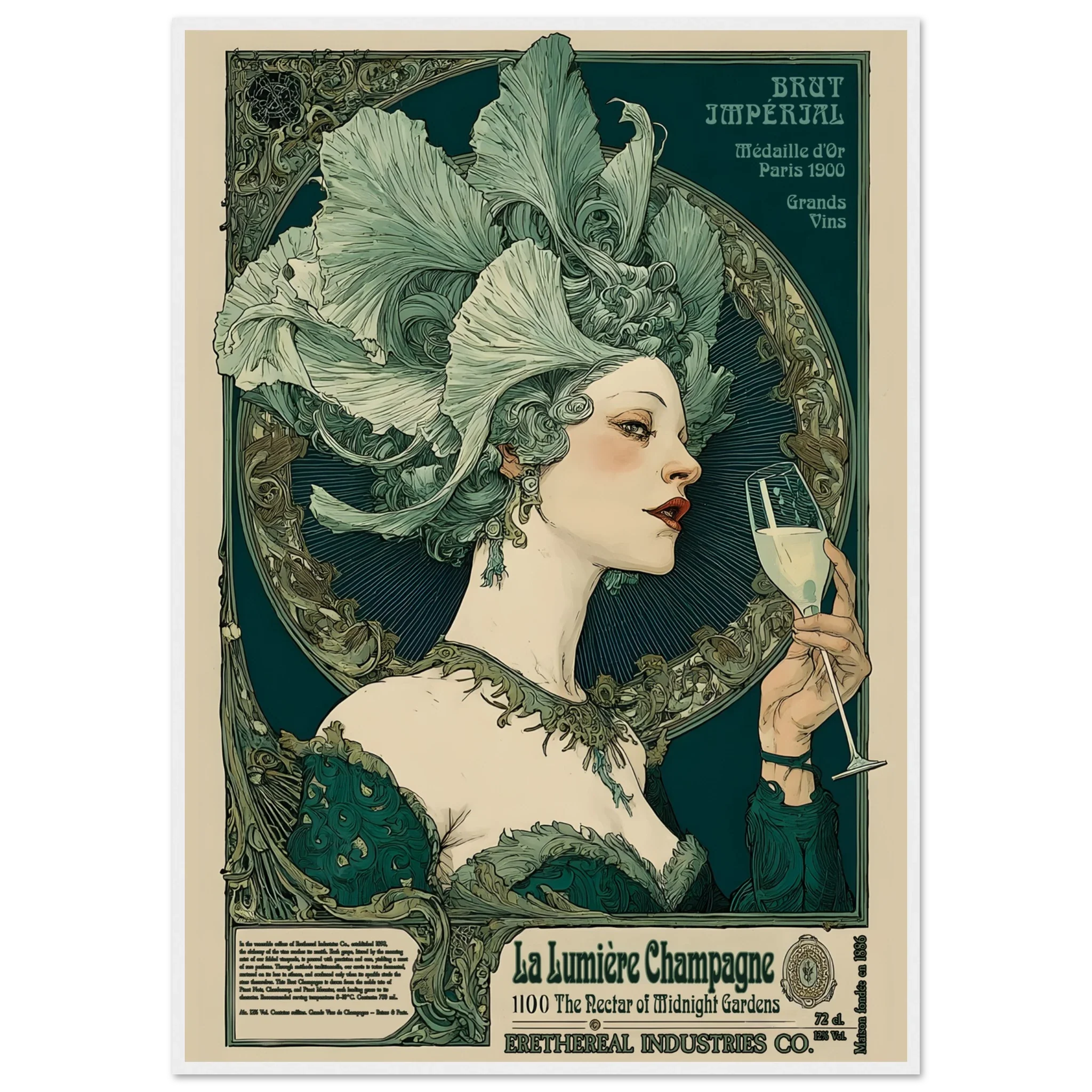 Vintage-style poster of a woman with an elaborate headdress holding a glass of champagne.