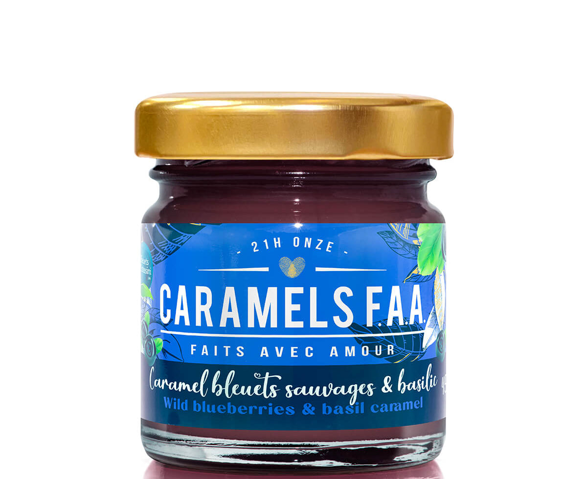 Jar of Caramels FAA with a blue label and gold lid on a white background