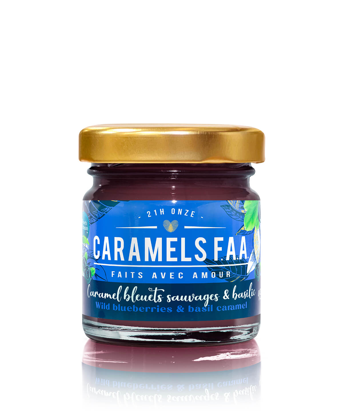 Jar of Caramels FAA with a blue label and gold lid on a white background