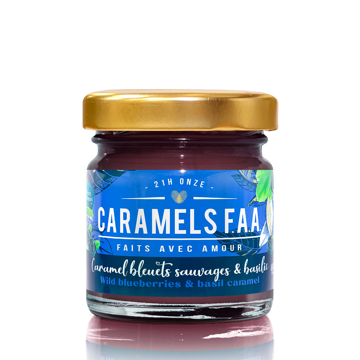 Jar of Caramels FAA with a blue label and gold lid on a white background
