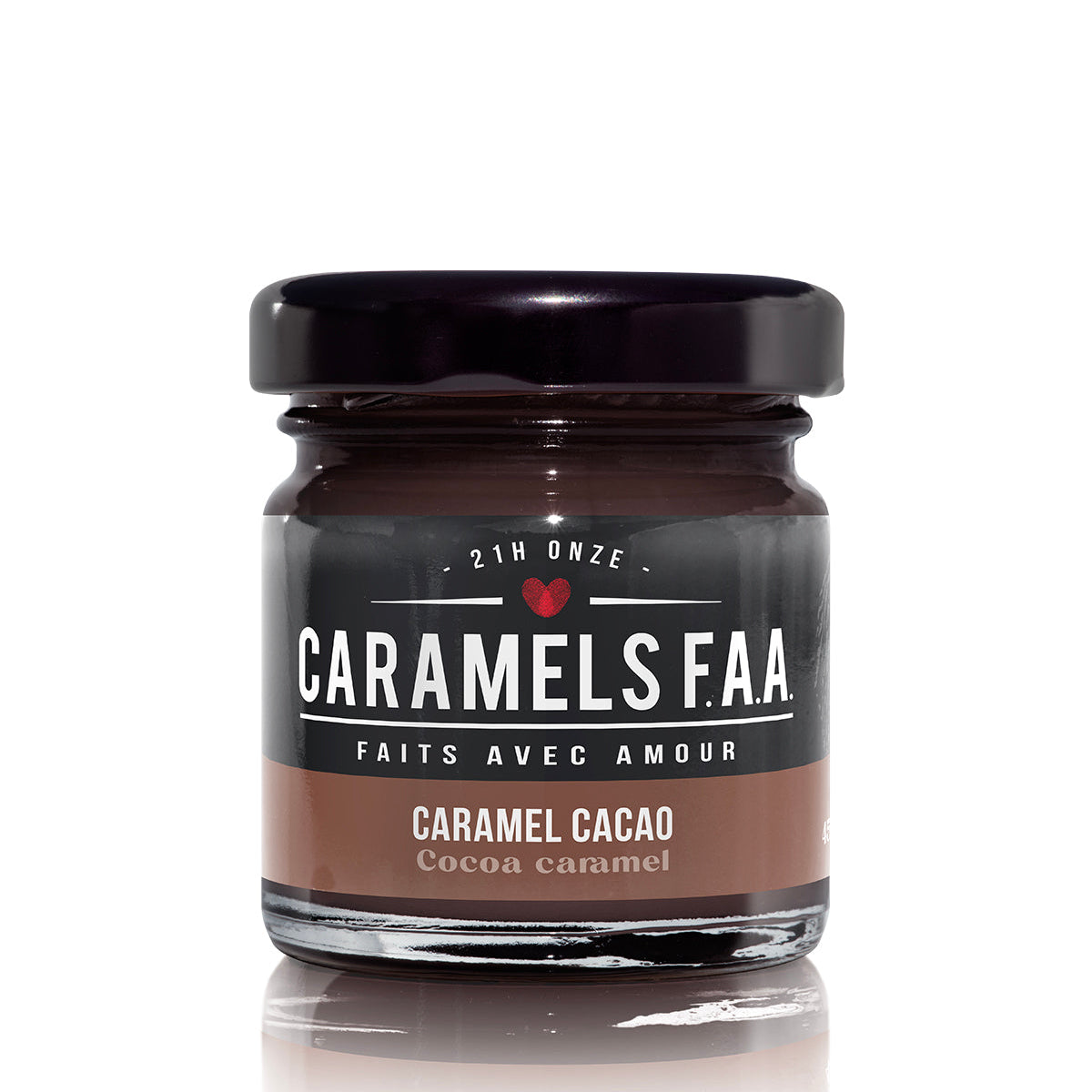 Jar of Caramels F.A.A. cocoa caramel on a white background