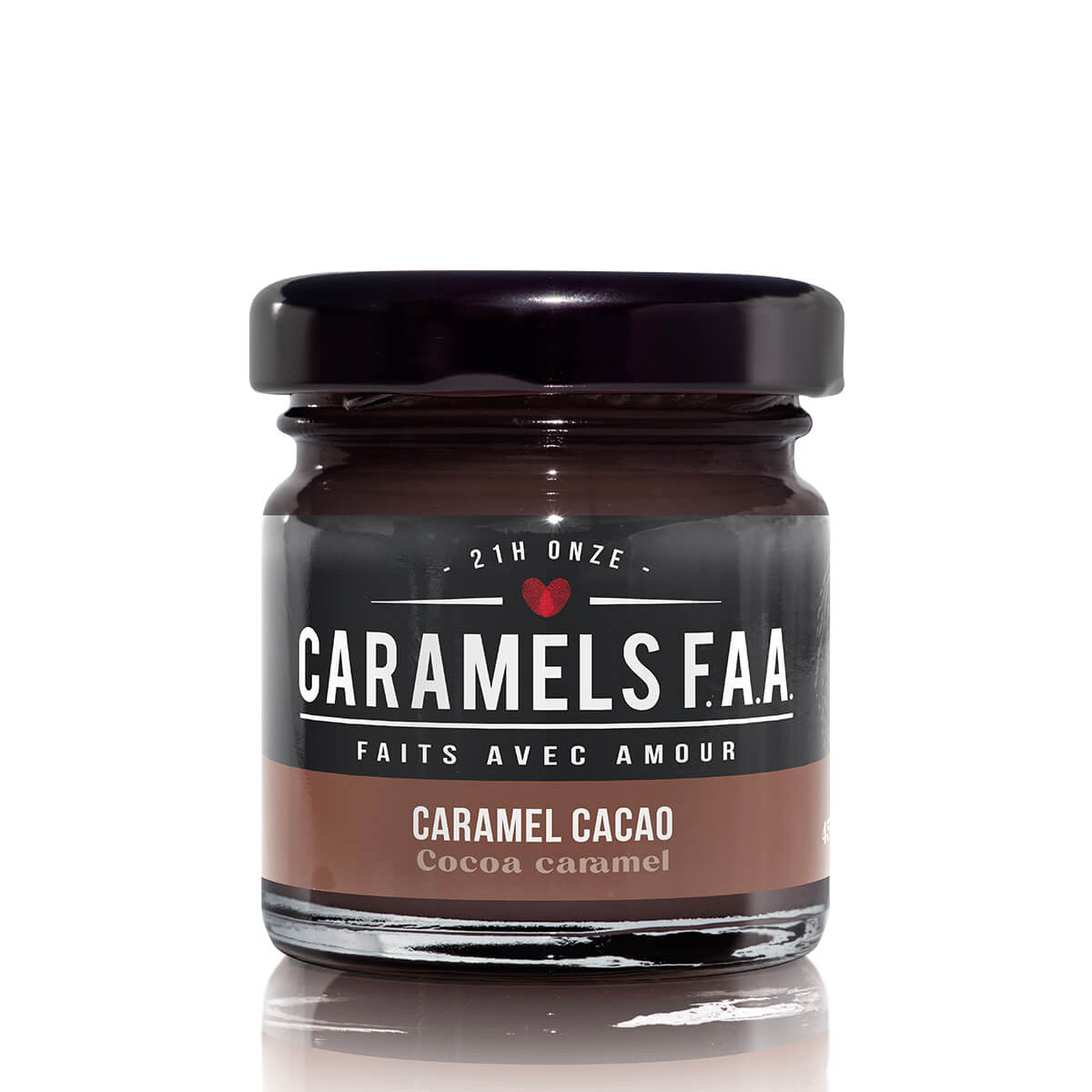 Jar of Caramels F.A.A. cocoa caramel on a white background