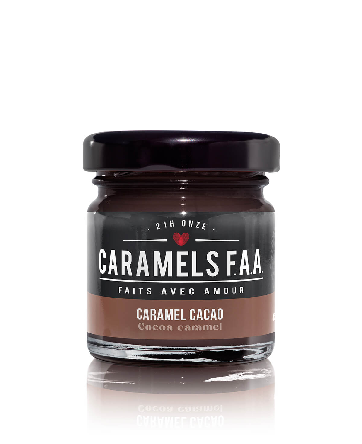 Jar of Caramels F.A.A. cocoa caramel on a white background