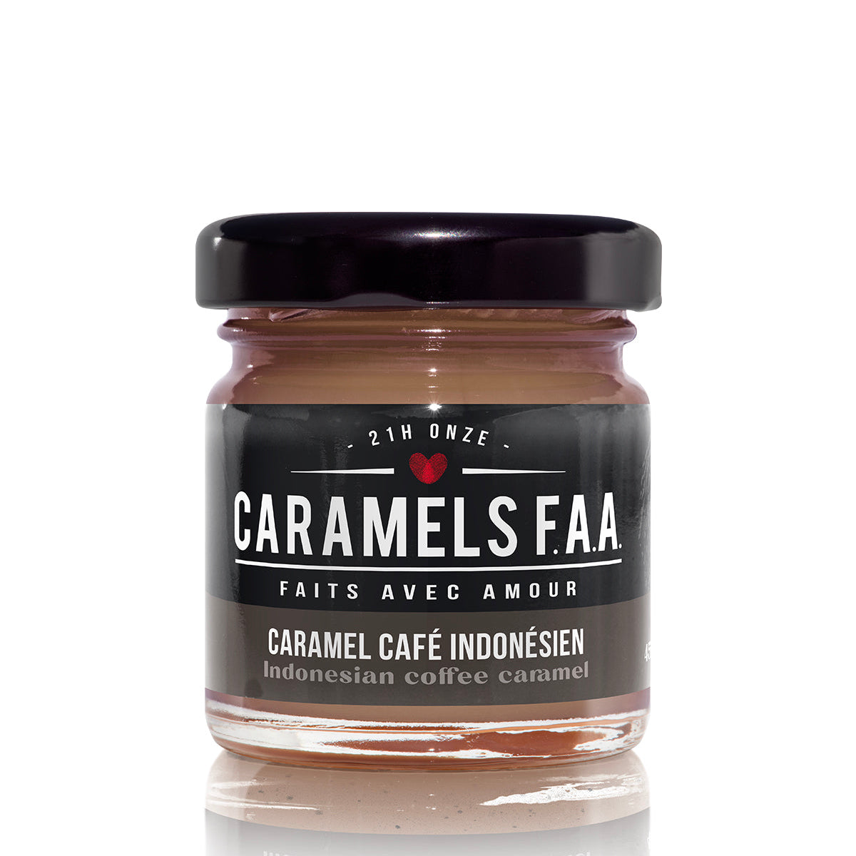 Jar of Caramels F.A.A Indonesian coffee caramel on a white background