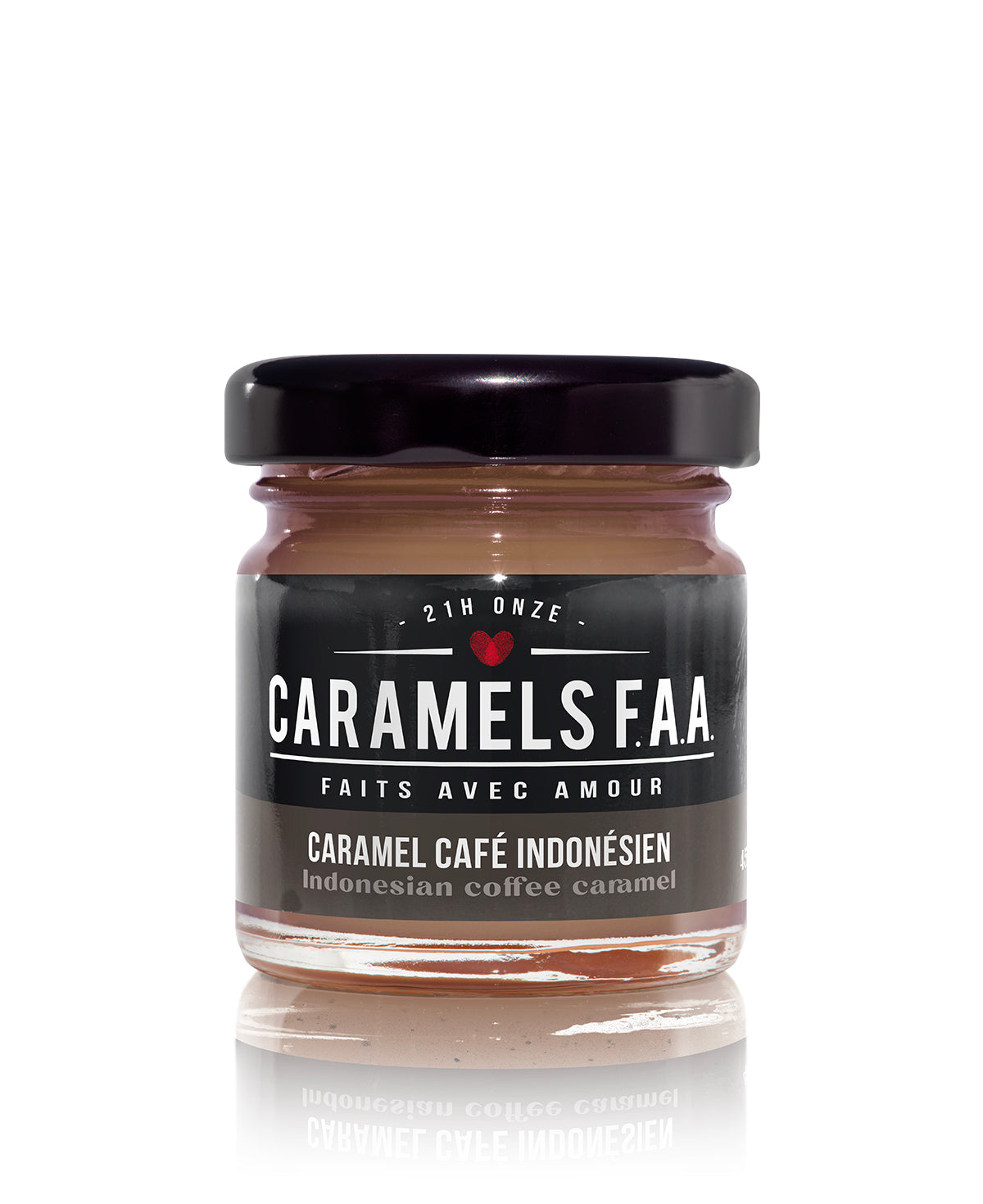 Jar of Caramels F.A.A Indonesian coffee caramel on a white background