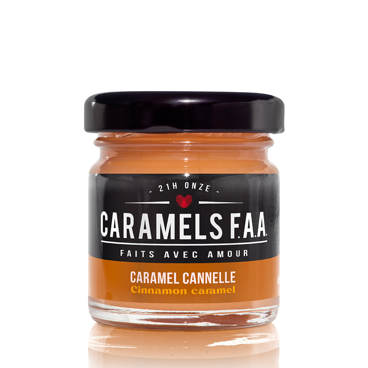Jar of Caramels F.A.A. cinnamon caramel on a white background