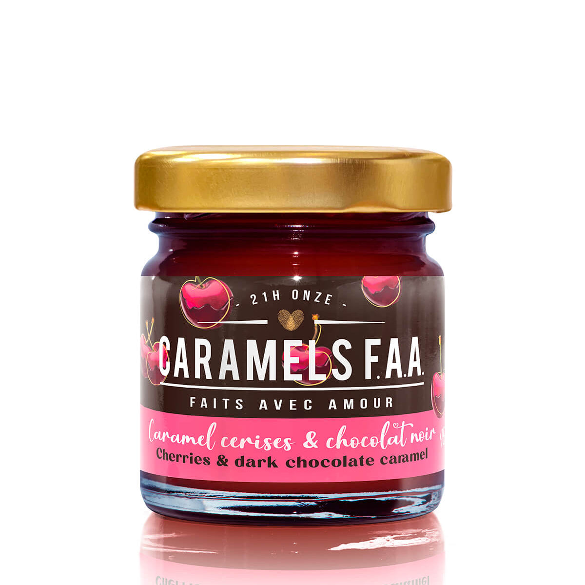Jar of Caramèles F.A.A. with cherry and dark chocolate flavor on a white background
