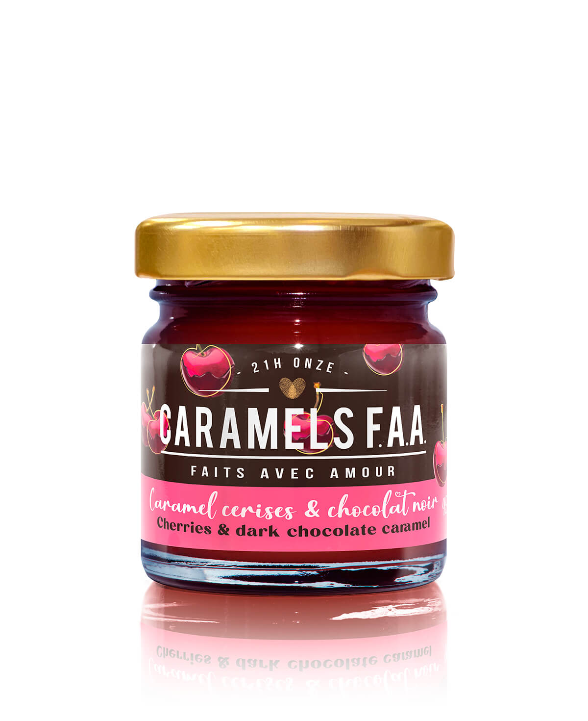 Jar of Caramèles F.A.A. with cherry and dark chocolate flavor on a white background