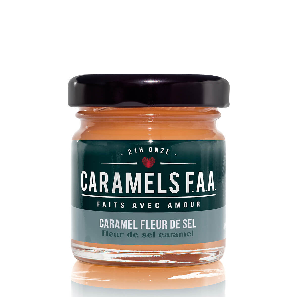 Jar of Caramels F.A.A. with a black lid on a white background