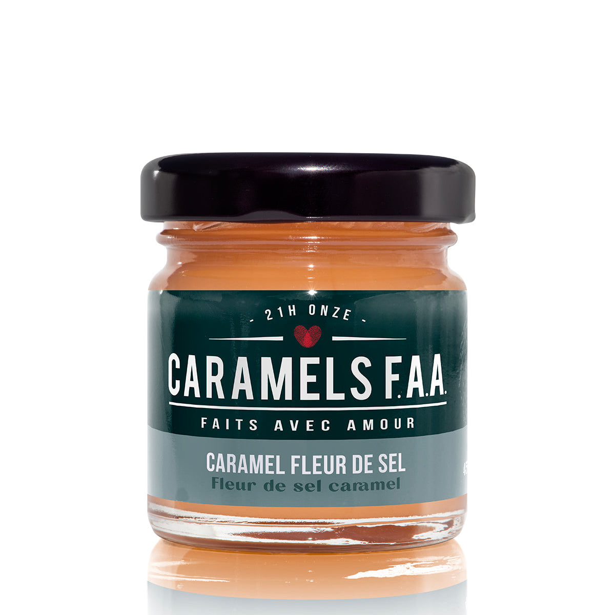 Jar of Caramels F.A.A. with a black lid on a white background