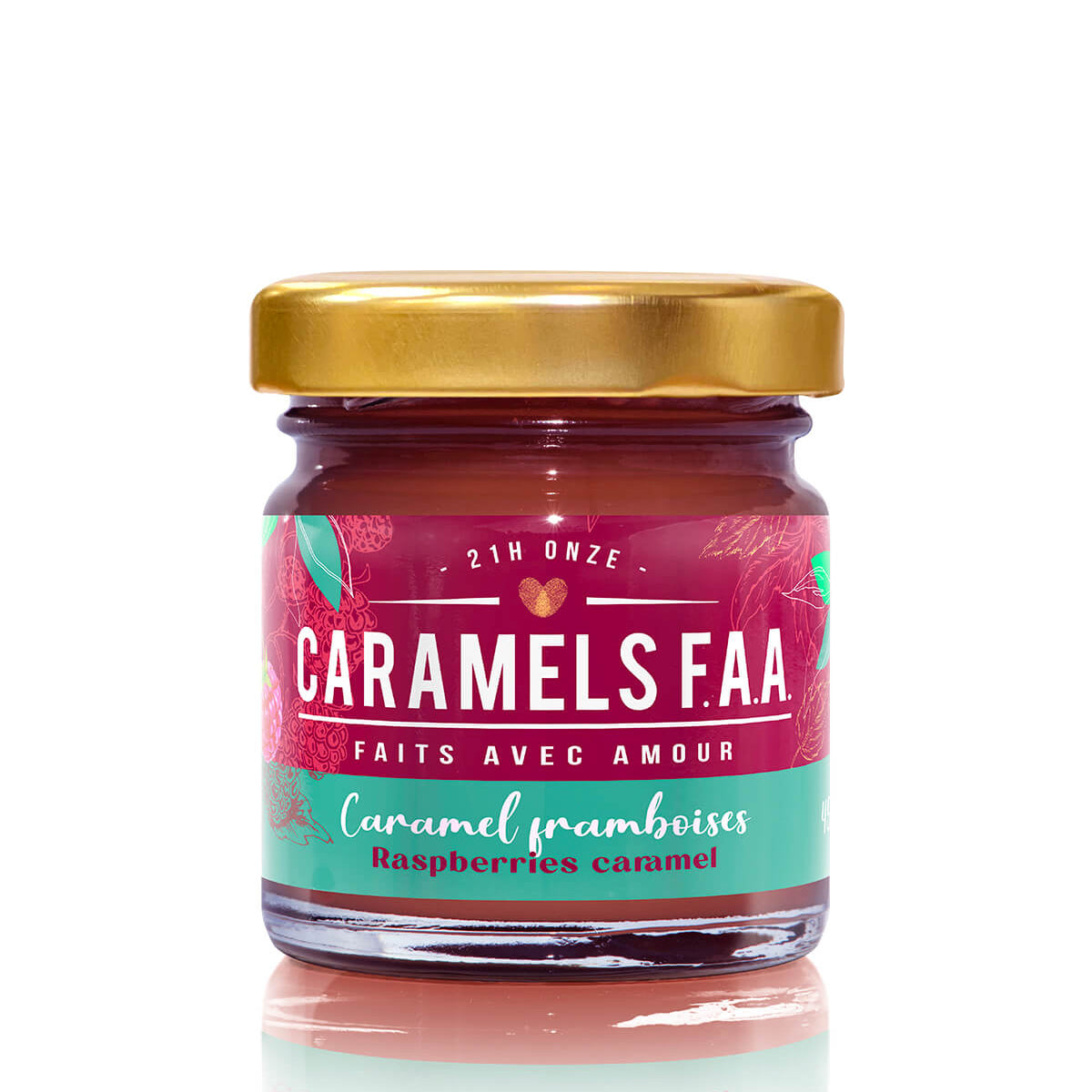 Jar of Caramels F.A.A. raspberry caramel on a white background