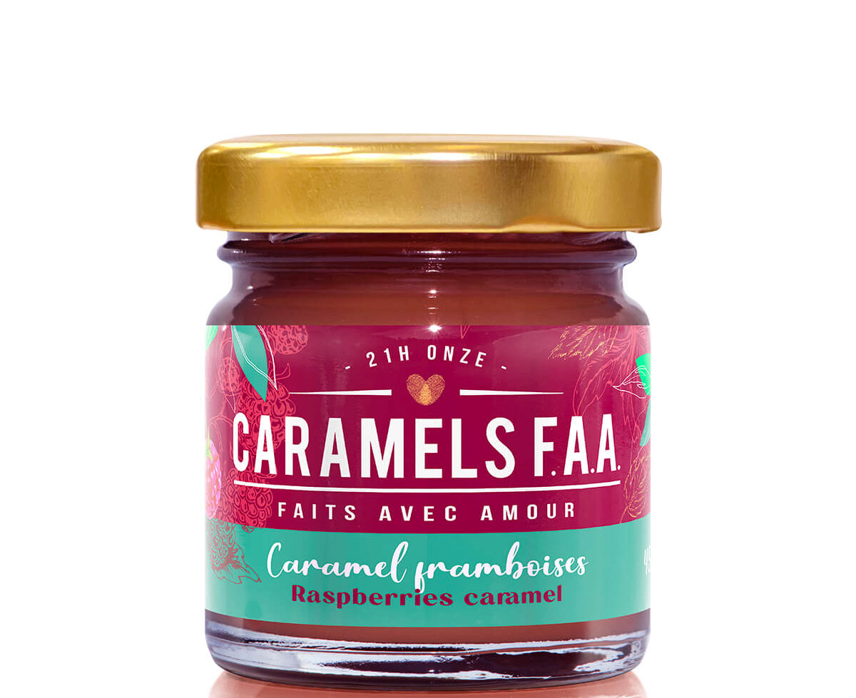 Jar of Caramels F.A.A. raspberry caramel on a white background