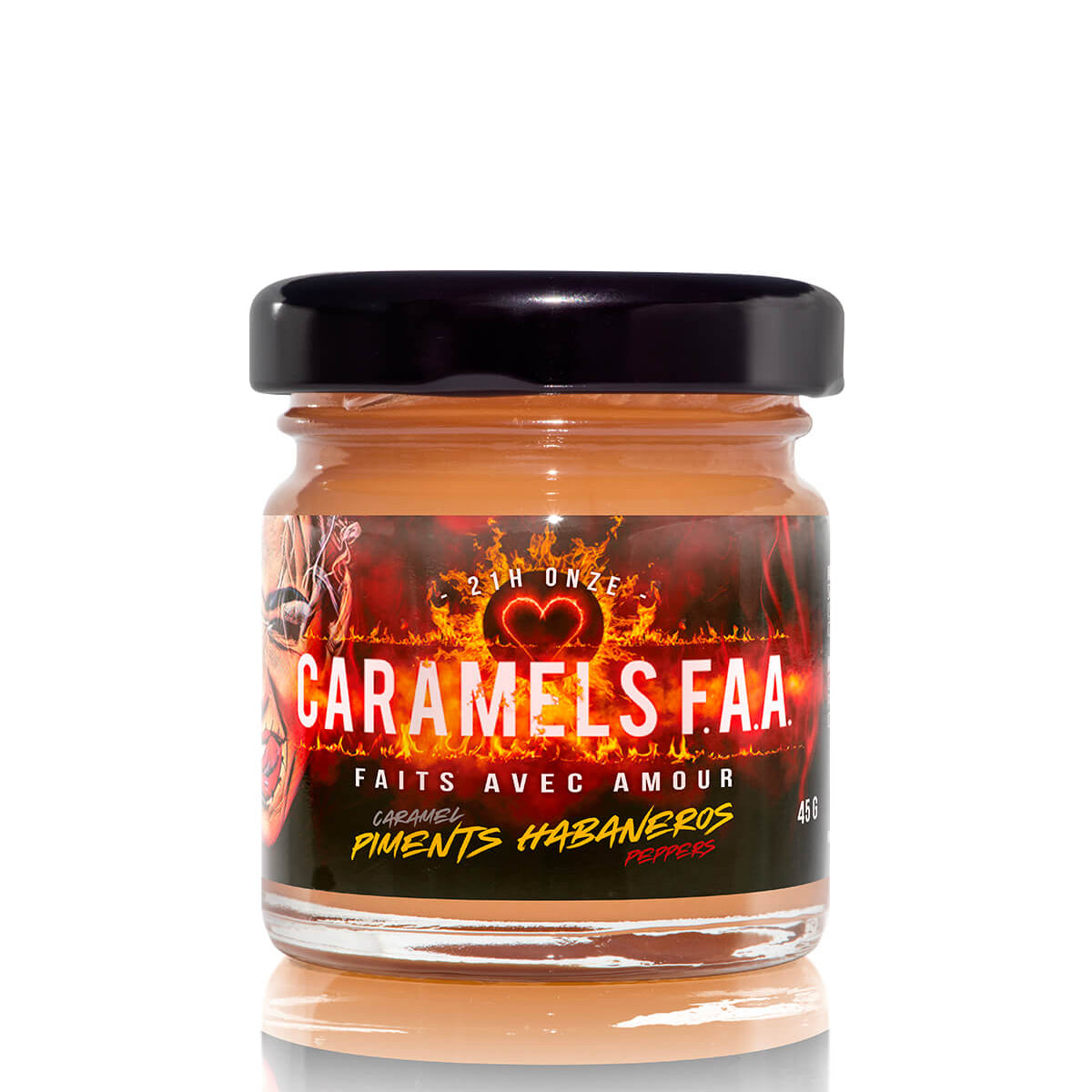 Jar of 'Caramels FAA' with a fiery label on a white background