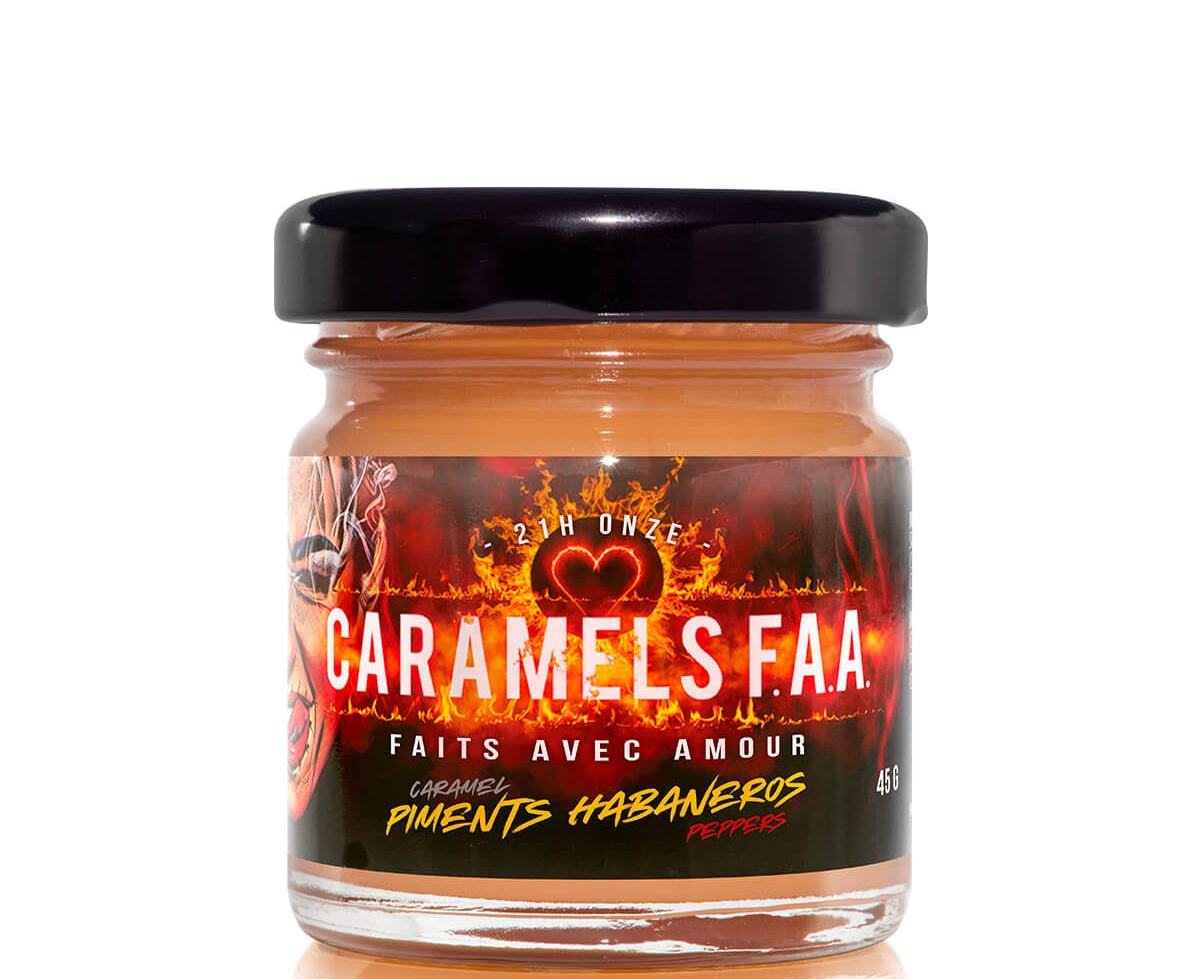 Jar of 'Caramels FAA' with a fiery label on a white background