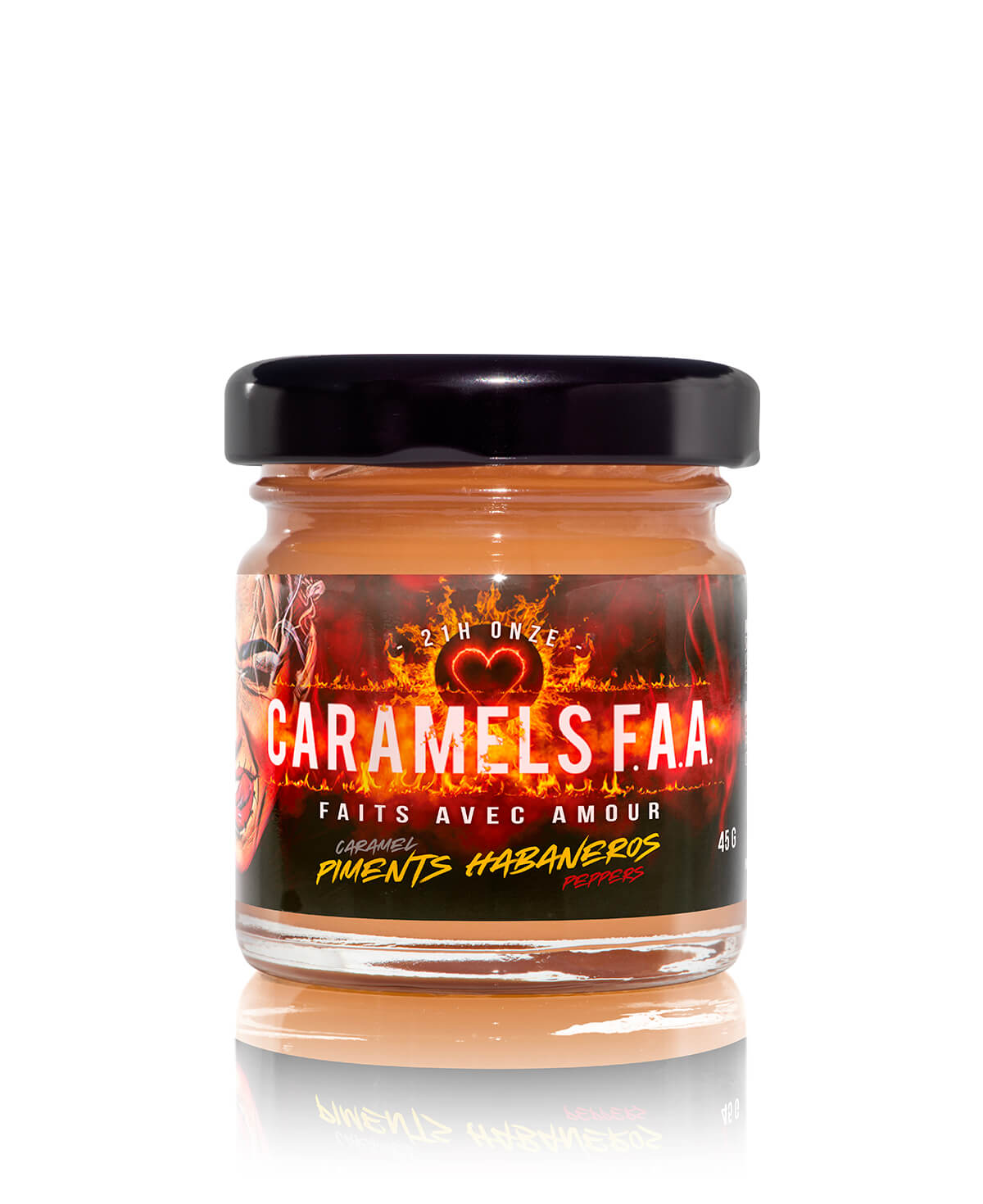 Jar of 'Caramels FAA' with a fiery label on a white background