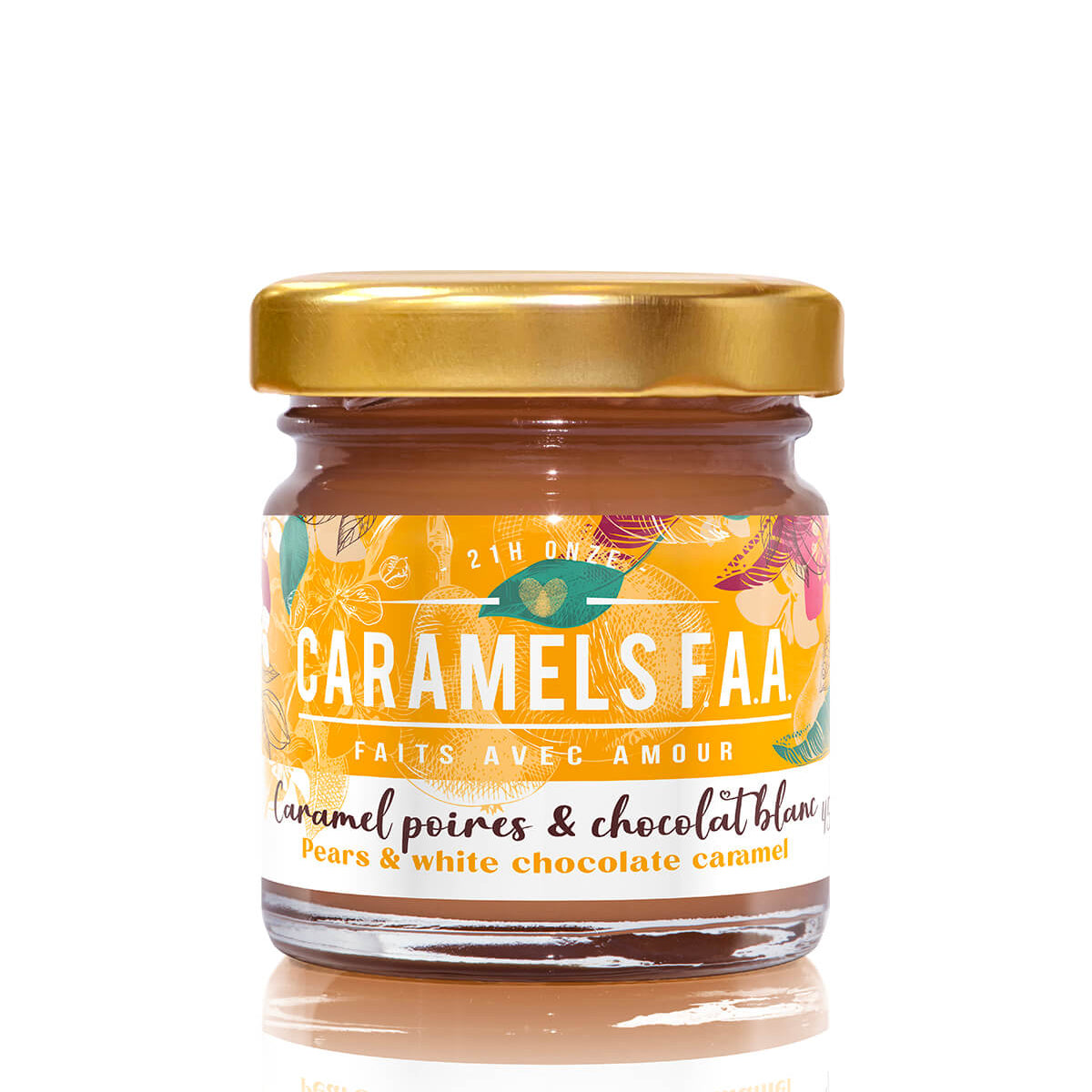 Jar of Caramels FAA with a gold lid on a white background