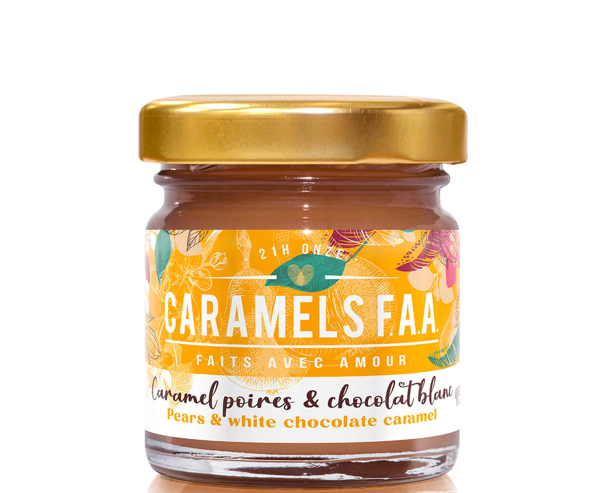 Jar of Caramels FAA with a gold lid on a white background