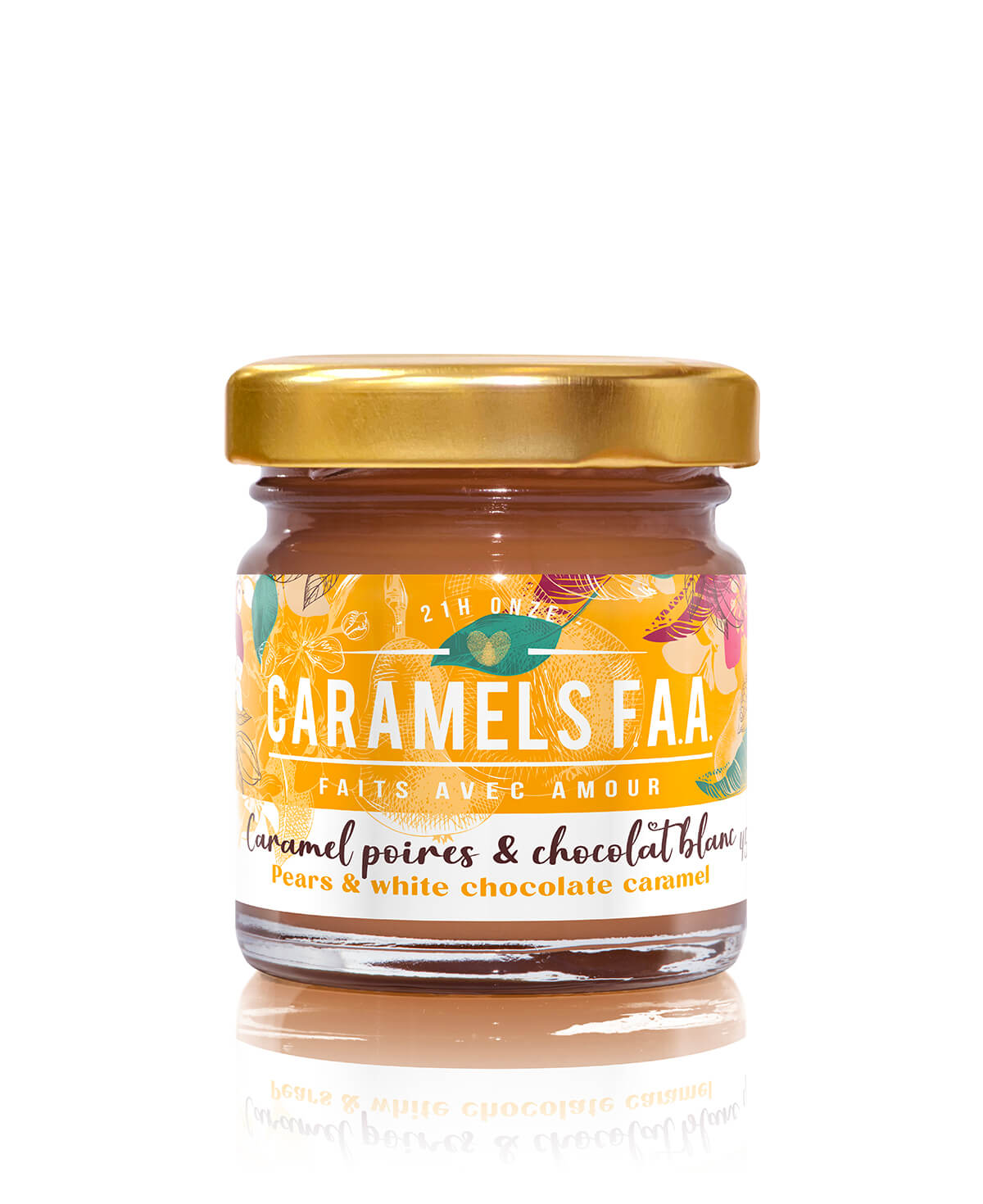 Jar of Caramels FAA with a gold lid on a white background