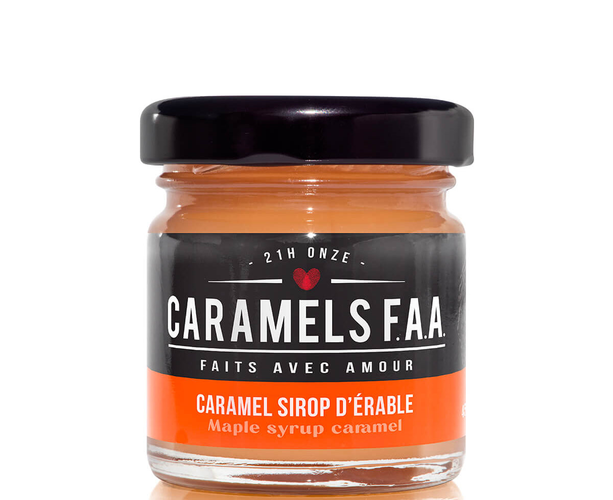 Jar of Caramels FAA maple syrup caramel on a white background
