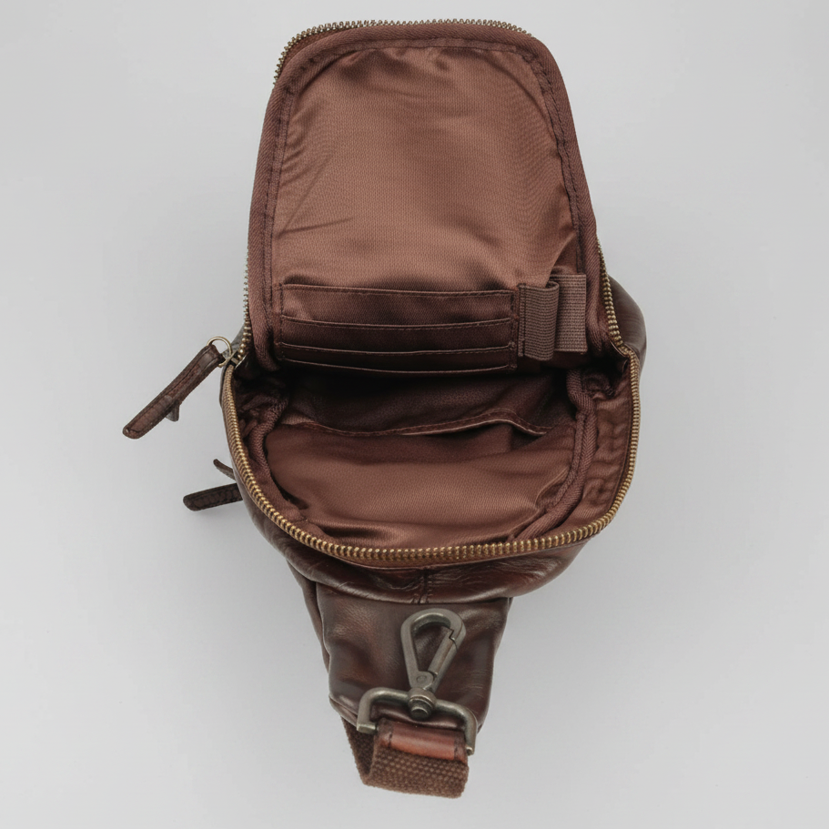 MET Off-The-Shoulder Leather Sling Chest Bag | Boutique of Leathers brown open