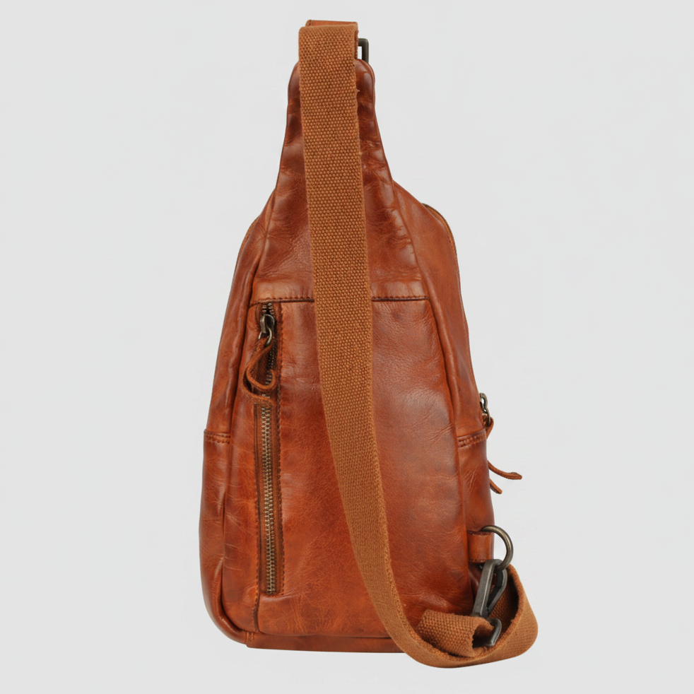 MET Off-The-Shoulder Leather Sling Chest Bag | Boutique of Leathers congac back