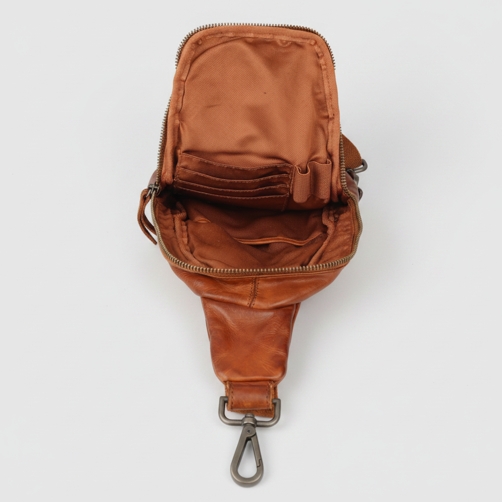 MET Off-The-Shoulder Leather Sling Chest Bag | Boutique of Leathers congac open