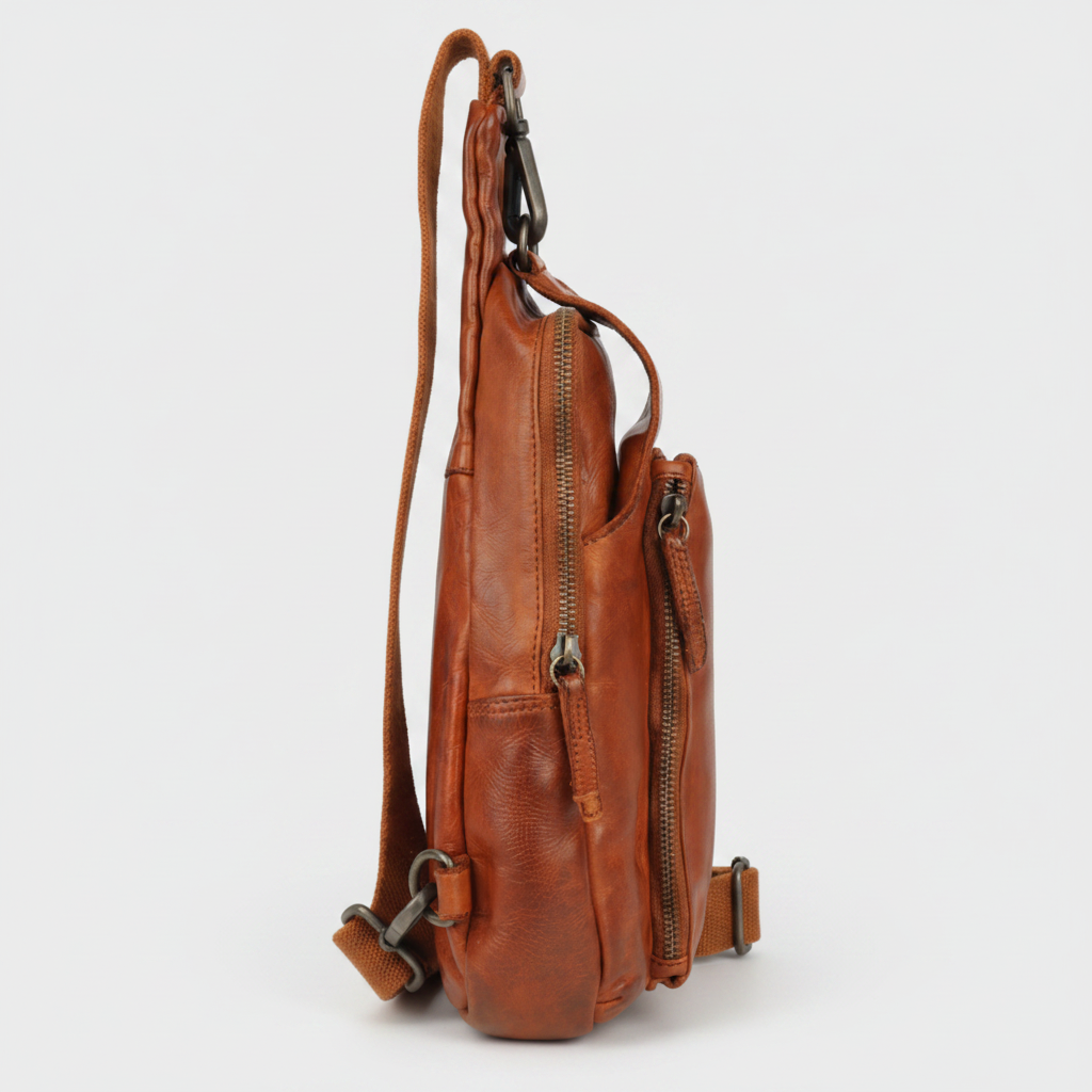 MET Off-The-Shoulder Leather Sling Chest Bag | Boutique of Leathers congac side

