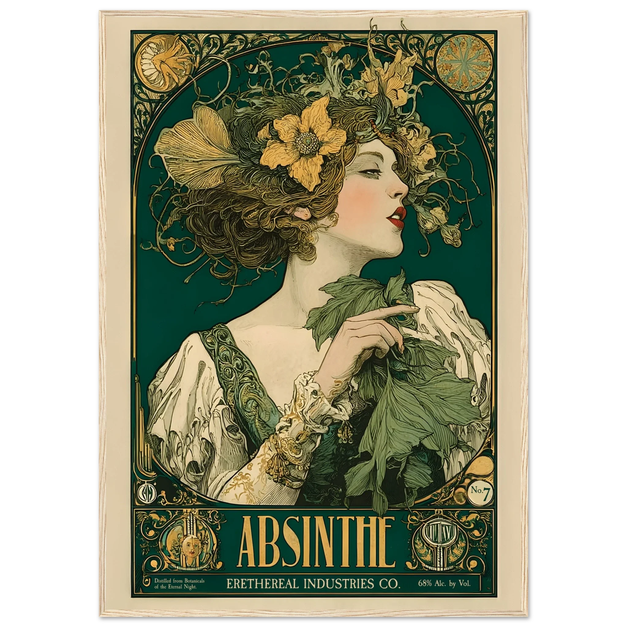 Vintage-style Absinthe poster with a woman holding leaves and flowers.