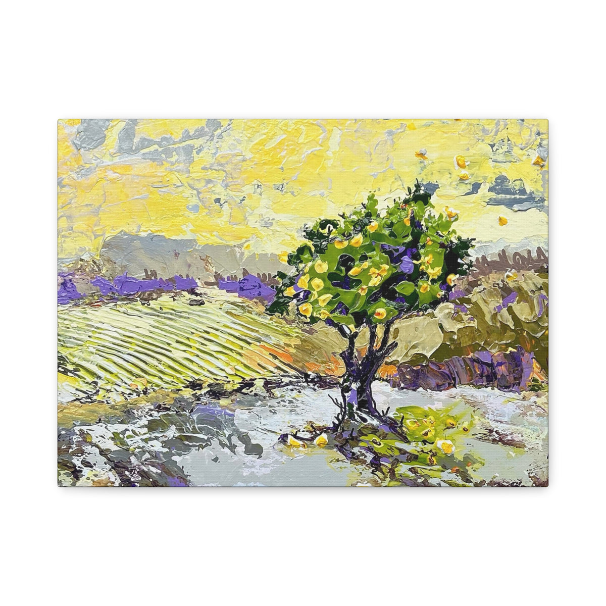 Restless is the Wind Canvas Print | Nancy Overbury An impressionistic landscape painting of a lemon tree in a field, rendered in vibrant yellow, green, purple, and gray brushstrokes, shown as a square print on a white background.
