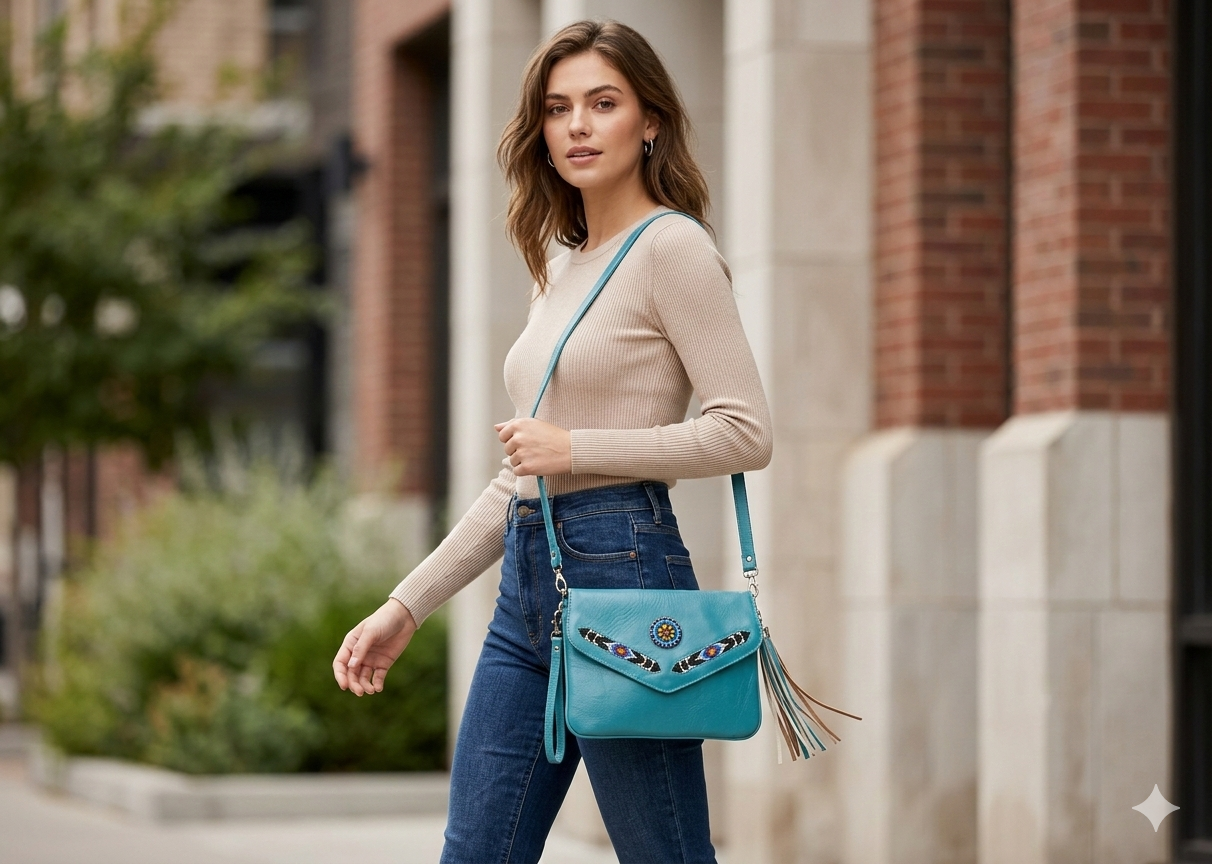 OldTribes Woman holding a blue handbag with decorative elements in an urban setting