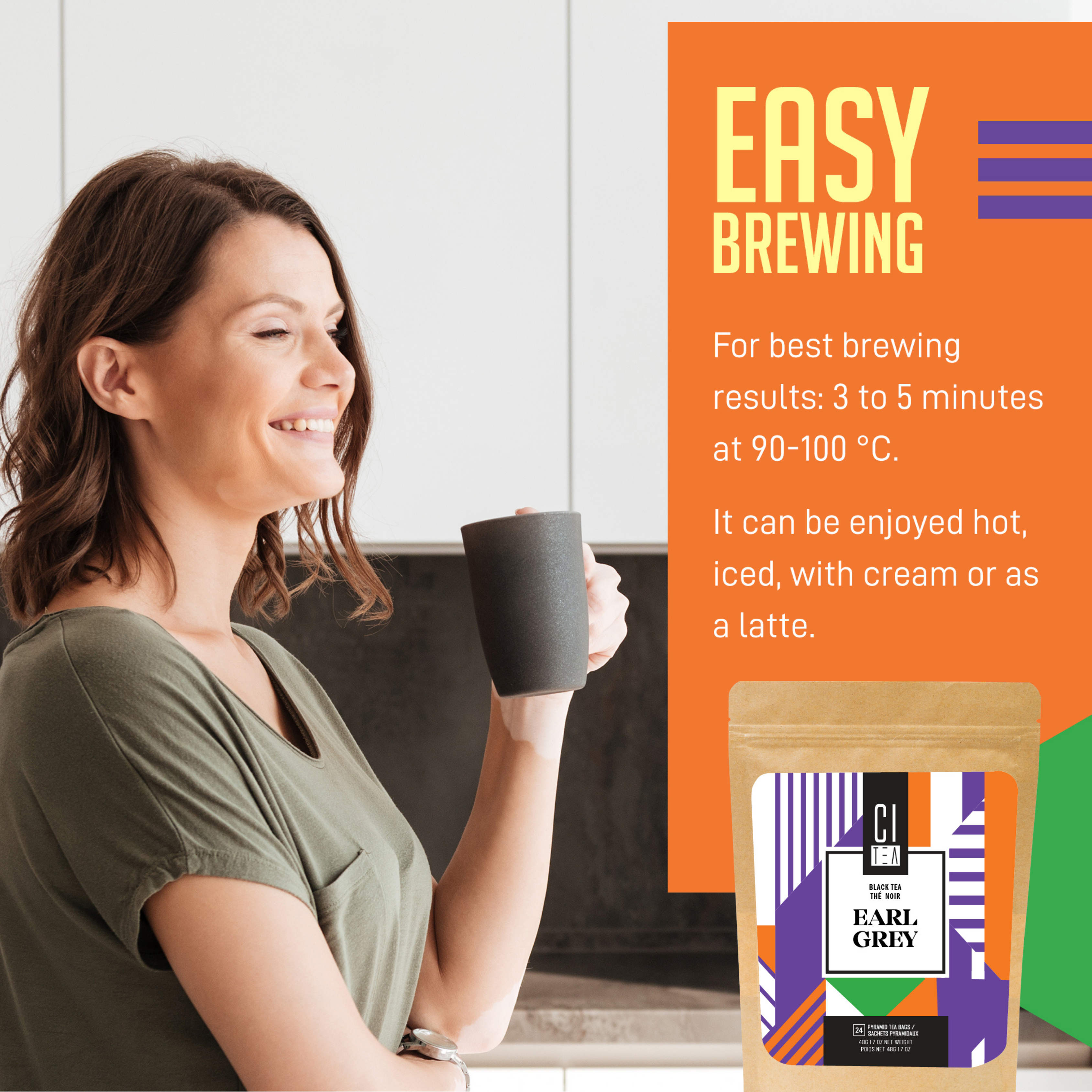 Woman holding a coffee mug with an Earl Grey tea package and brewing instructions on an orange background.