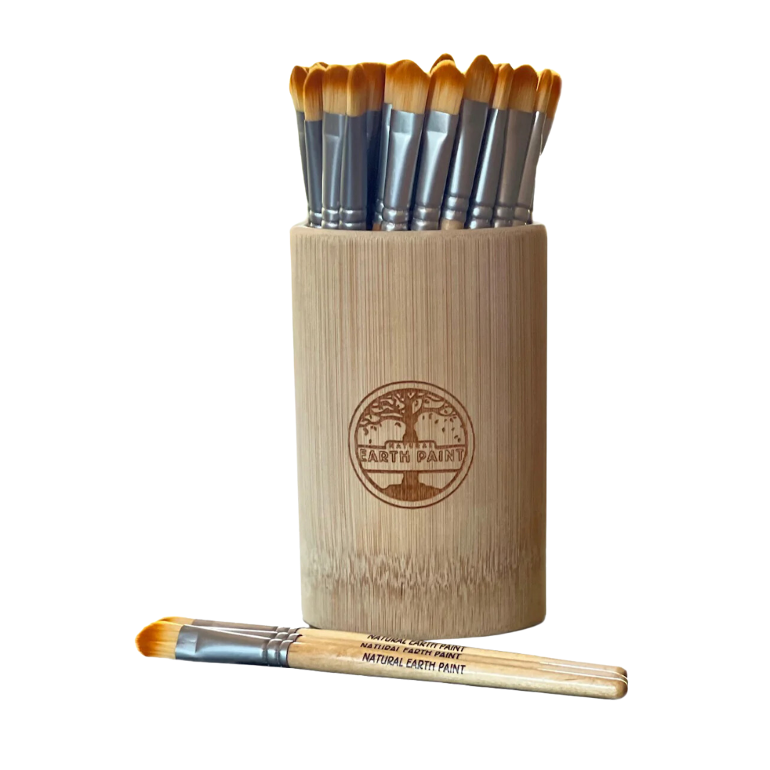 Set of paint brushes in a wooden holder with Earth Paint branding on a white background