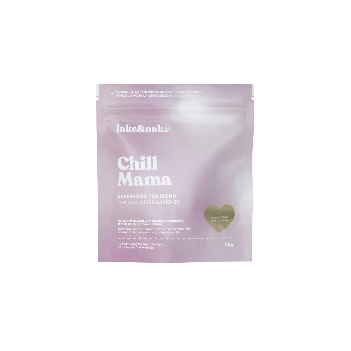 Purple package of 'Chill Mama' by Lake & Oak superfood tea blend decaf