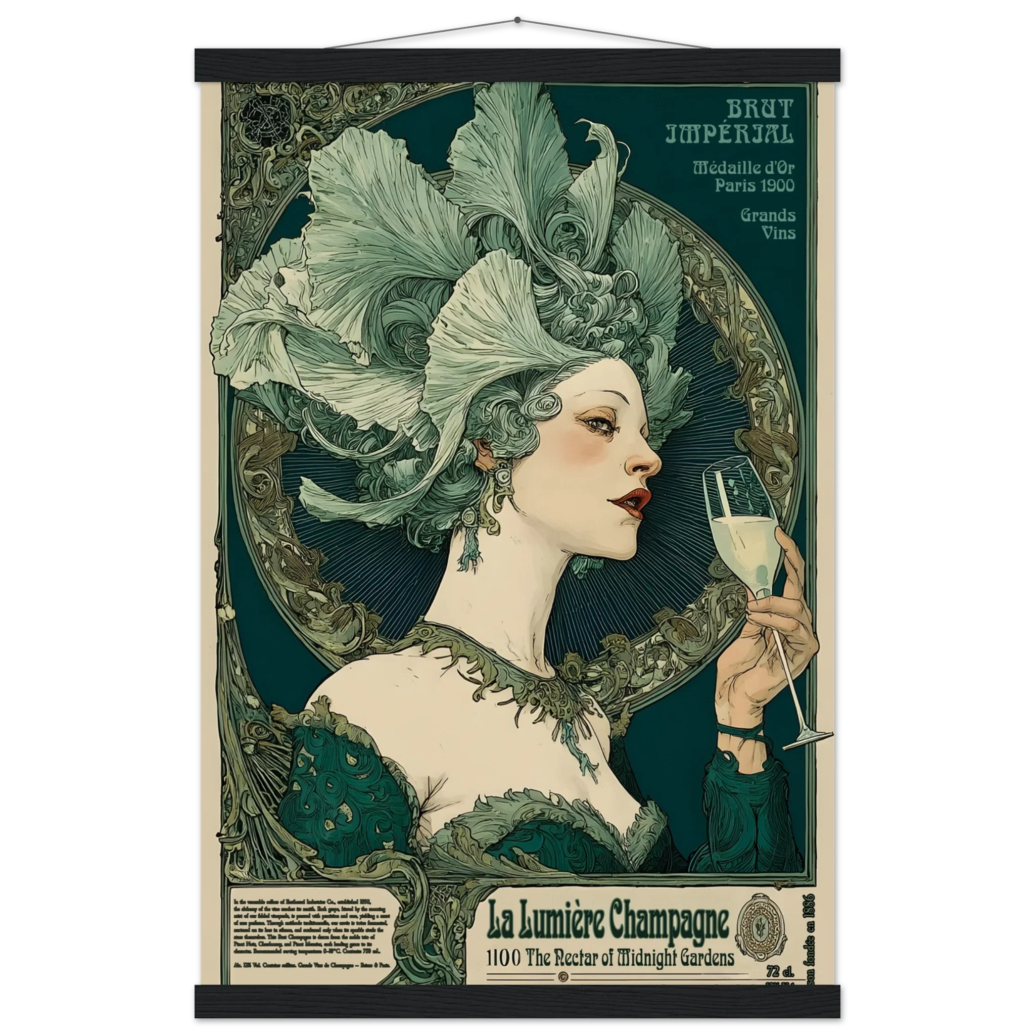 Vintage-style poster of a woman with elaborate green hair holding a champagne glass, with text and decorative elements.