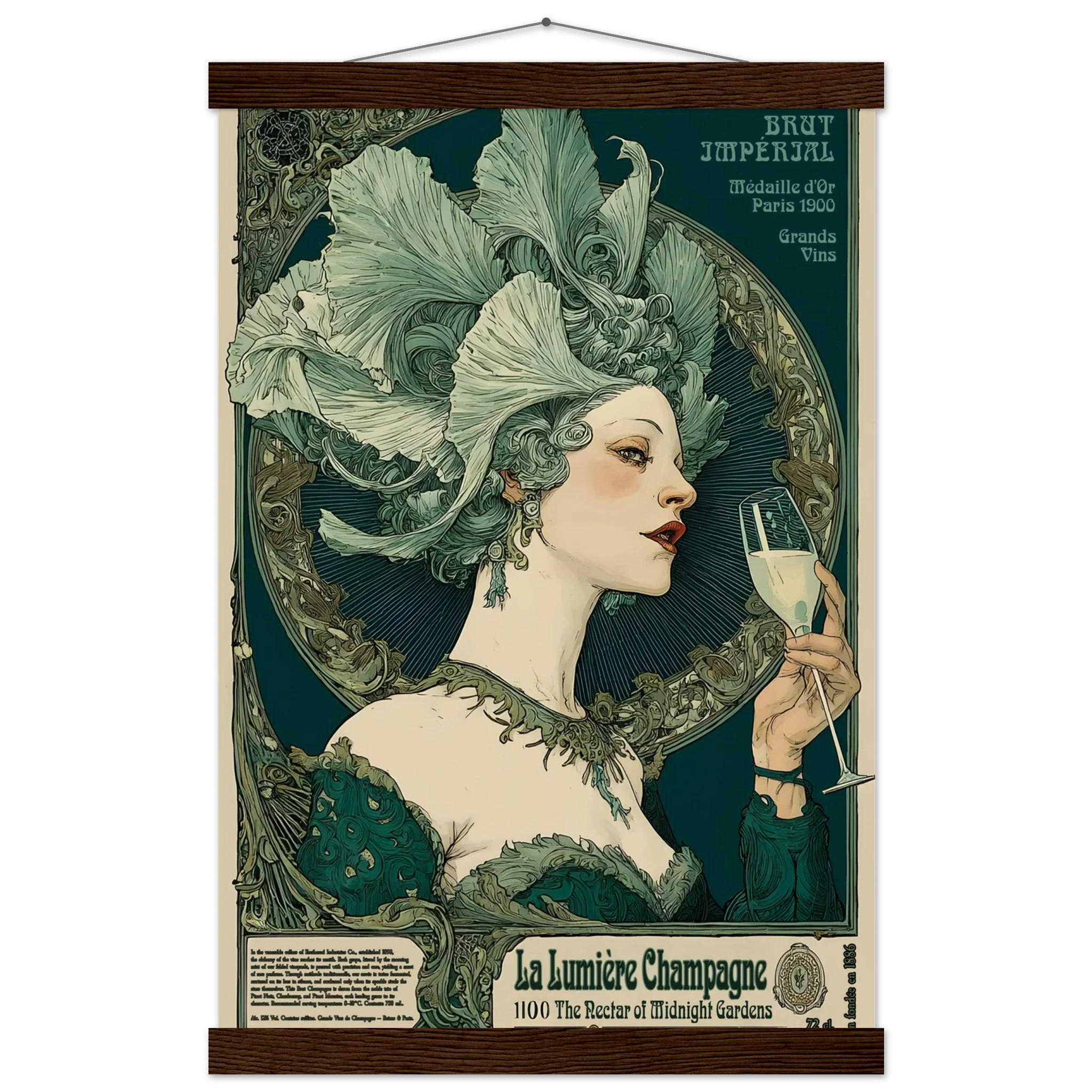 Vintage-style poster of a woman with a decorative headpiece holding a champagne glass, framed with wooden border.