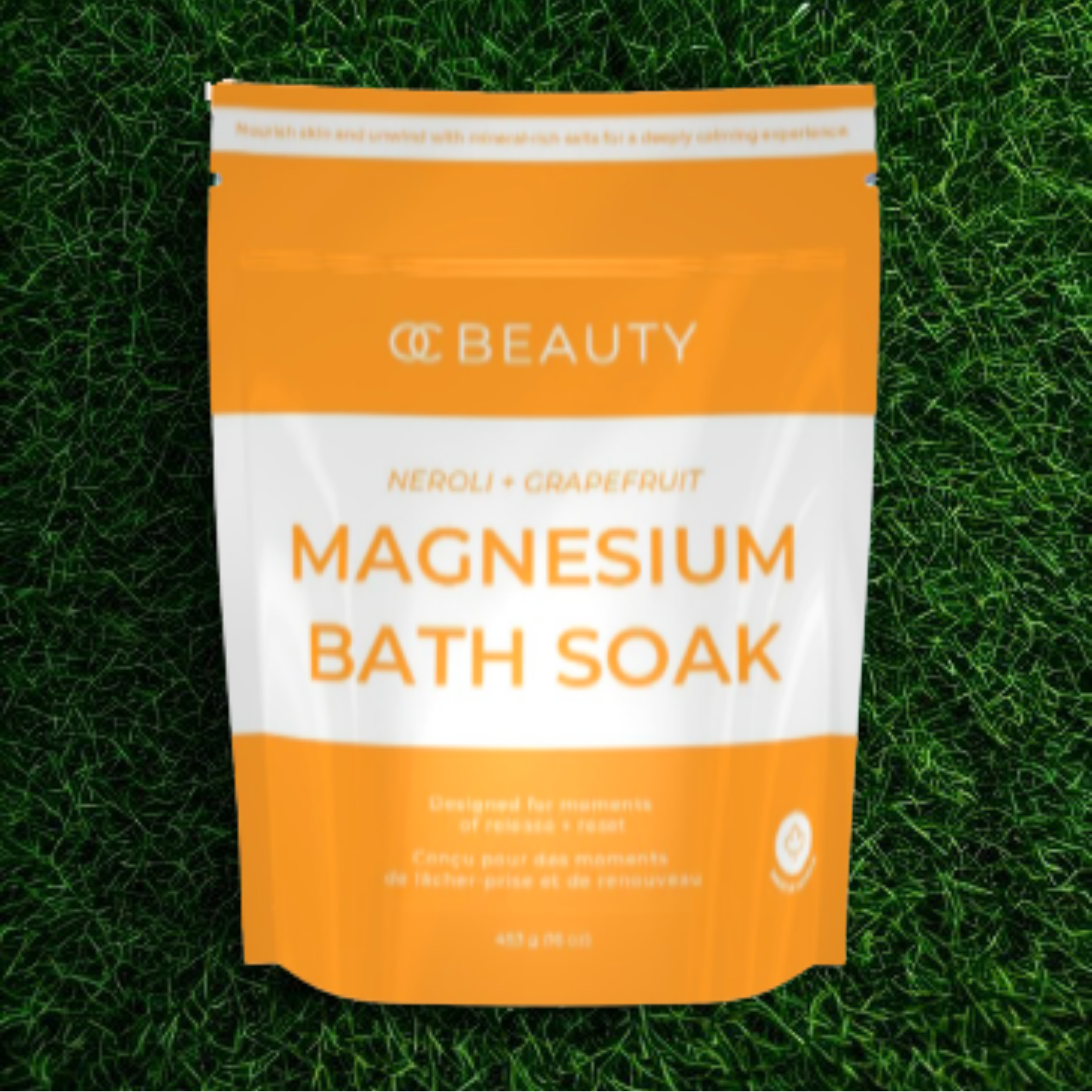 Orange and white package of OC Beauty Neroli + Grapefruit Magnesium Bath Soak