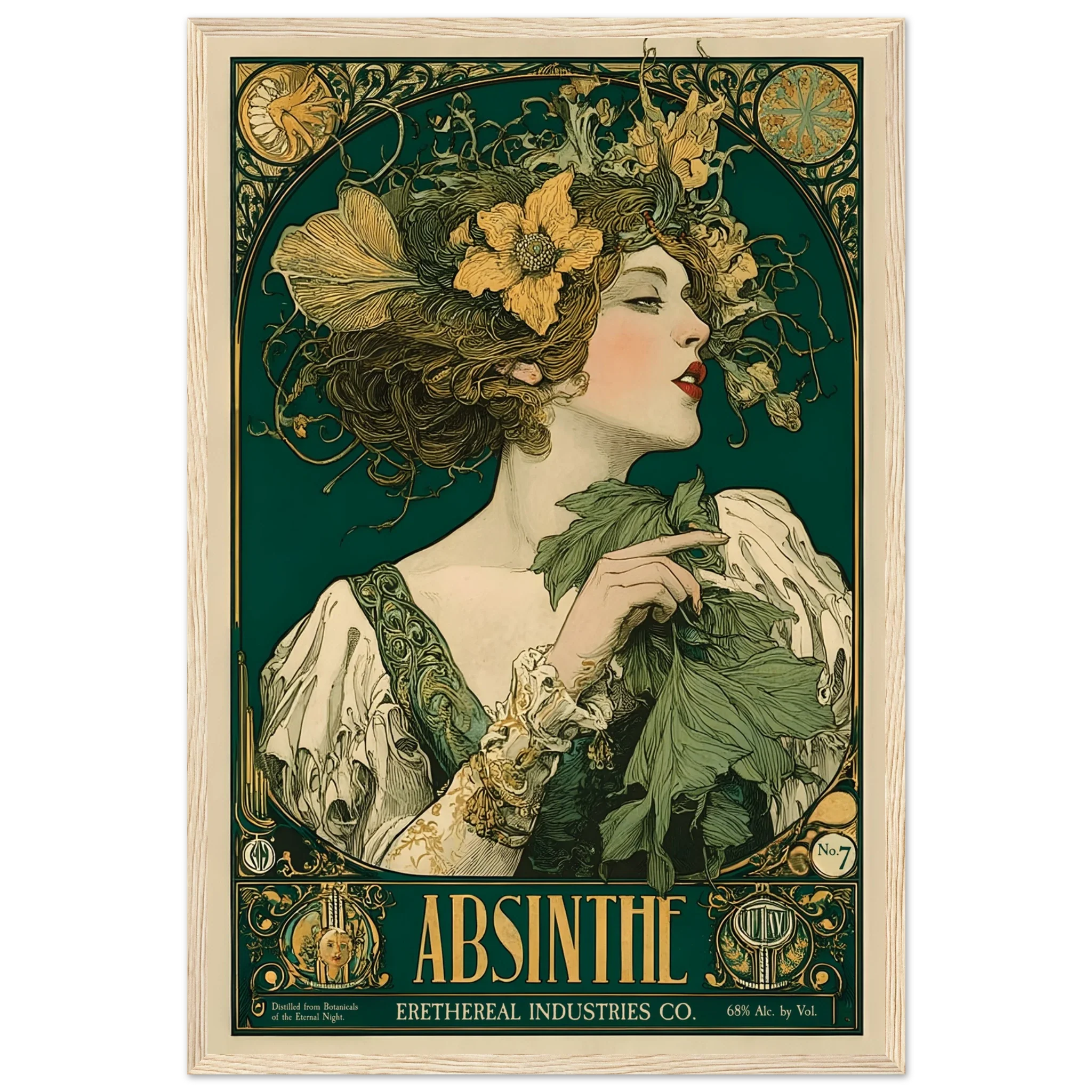 Vintage-style Absinthe poster with a woman holding absinthe leaves and flowers.