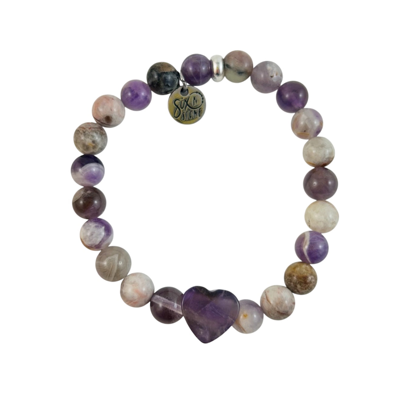 Multicolored beaded bracelet with a heart-shaped purple bead