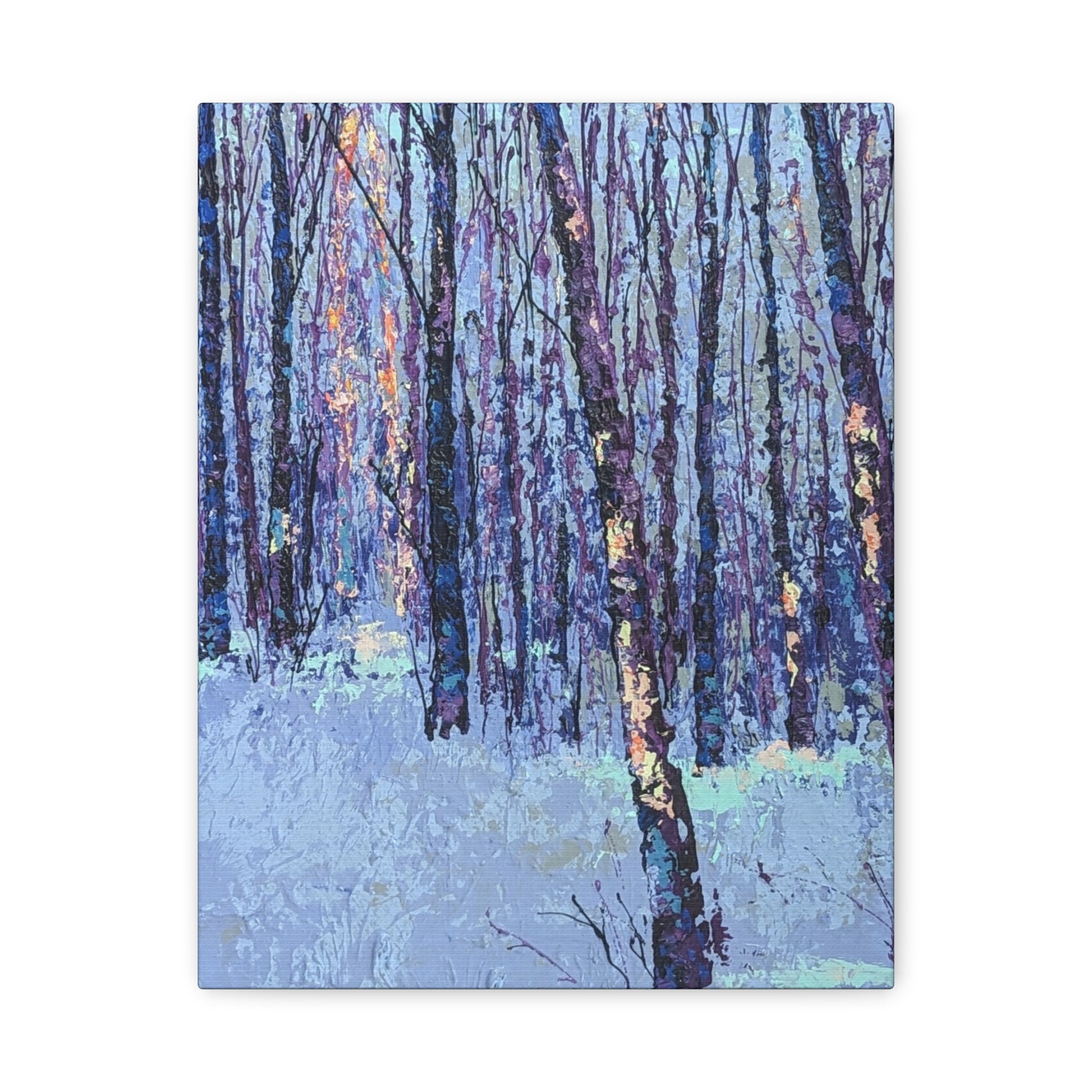 A vertical canvas wall art print depicting an abstract winter forest scene with birch trees in shades of blue, purple, and white, shown against a plain white background.