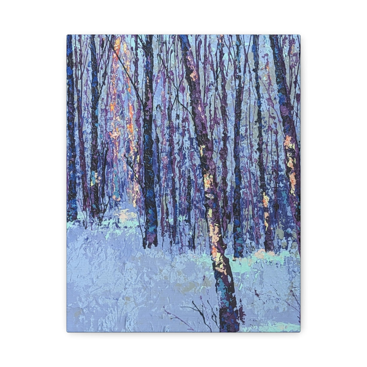 A vertical canvas wall art print depicting an abstract winter forest scene with birch trees in shades of blue, purple, and white, shown against a plain white background.