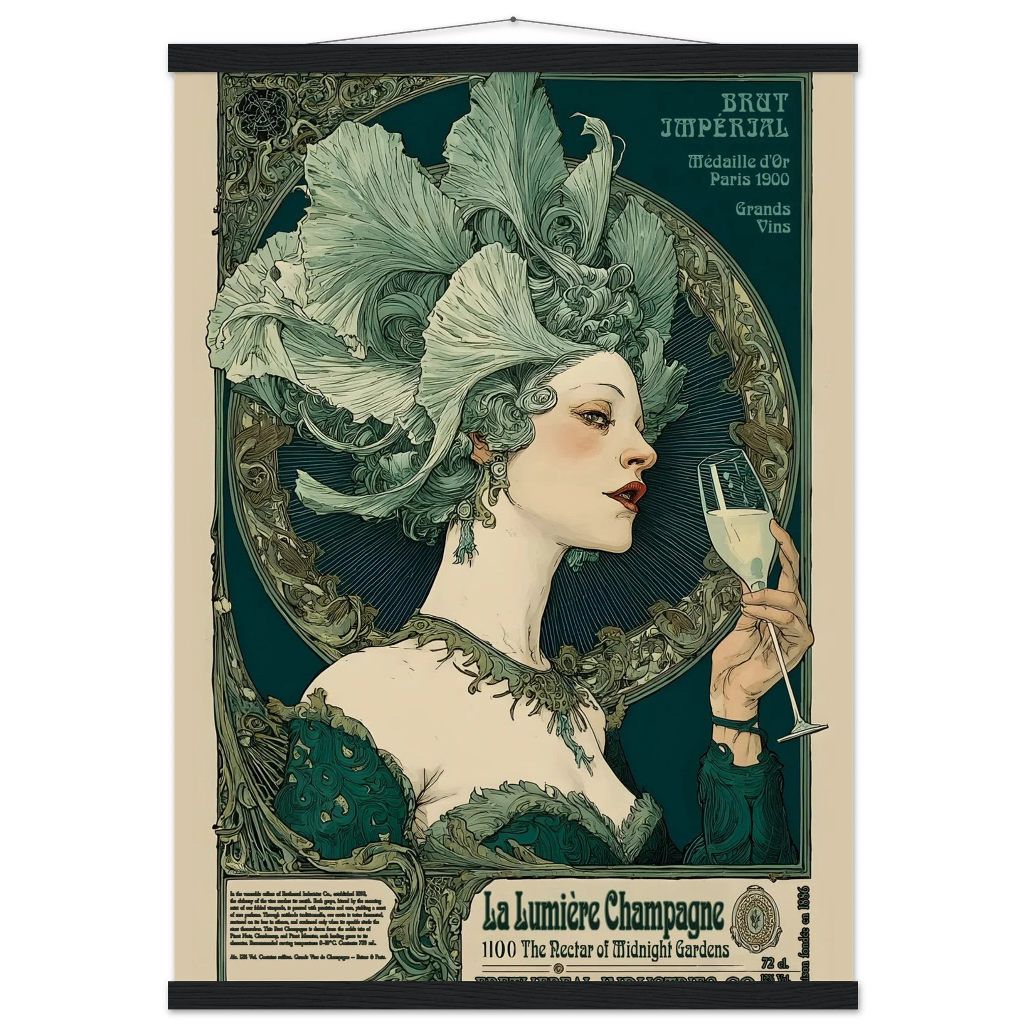 Vintage-style poster of a woman with floral headdress holding a champagne glass, with decorative text and design elements.