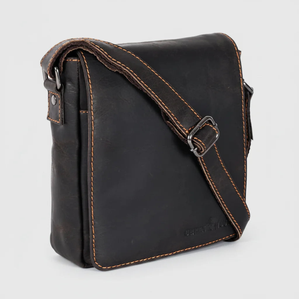 Greenwood Mini-Messenger Bag – Wax Pull-Up Leather Flap Over | Boutique of Leathers black side