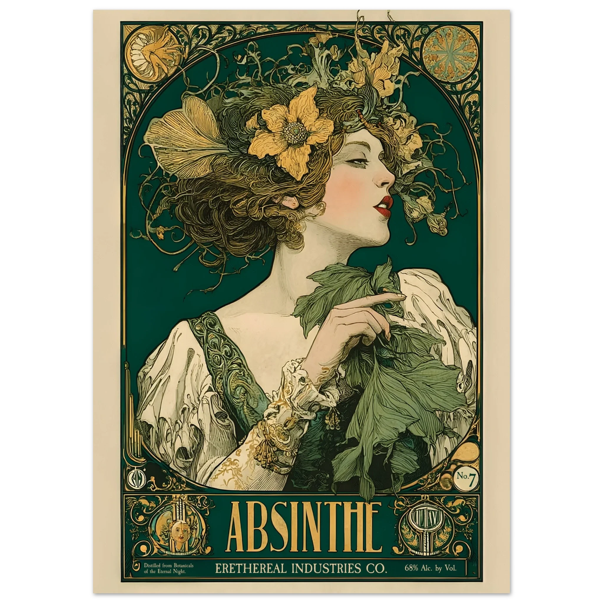 Vintage-style Absinthe poster with a woman holding absinthe leaves and flowers.