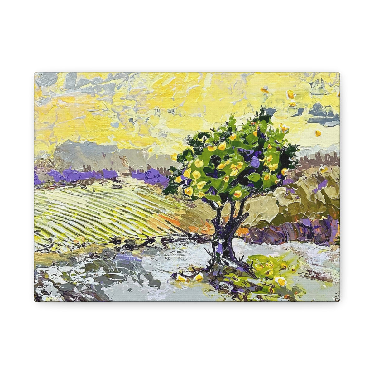Restless is the Wind Canvas Print | Nancy Overbury An impressionistic landscape painting featuring a prominent green tree with yellow fruit in the foreground, set against a field of purple flowers and a bright yellow sky, shown as a canvas print on a white background.