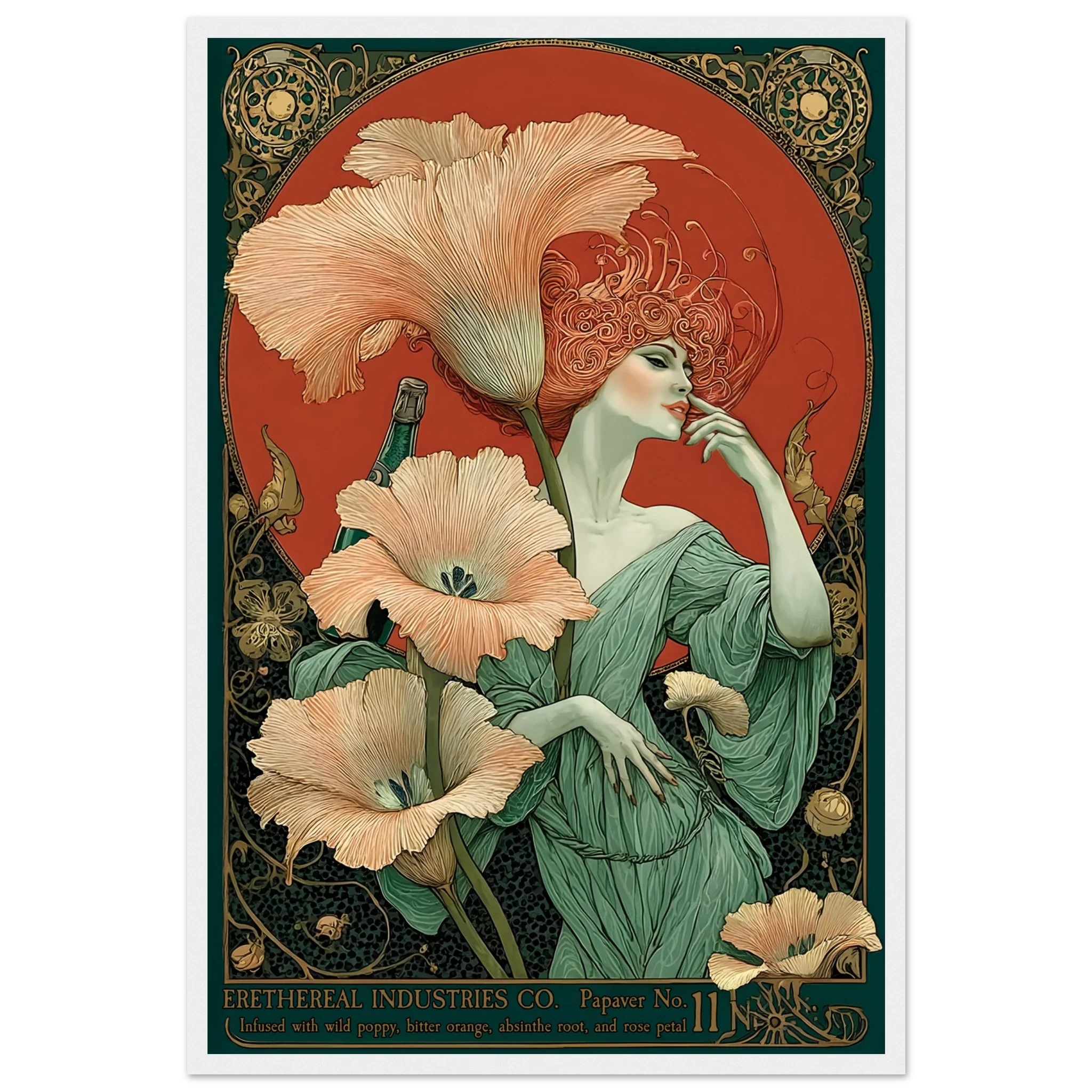 Art Nouveau-style poster with a woman and flowers, featuring intricate designs and a red background.