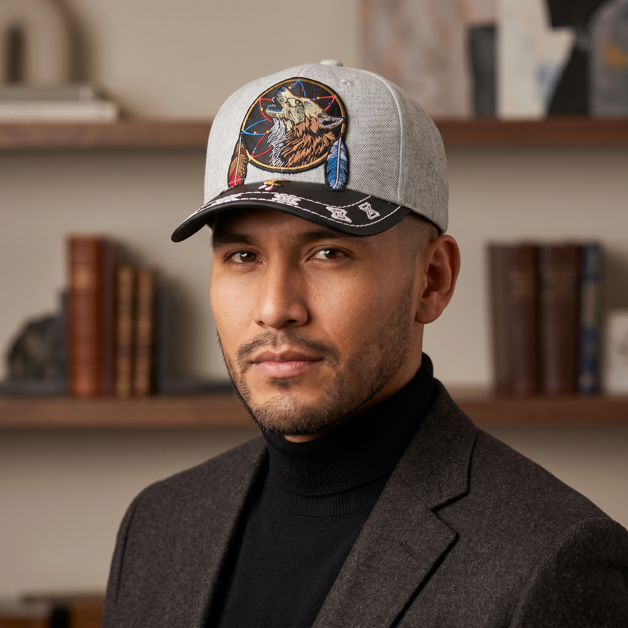Man wearing a cap with a colorful design, standing in front of a bookshelf.