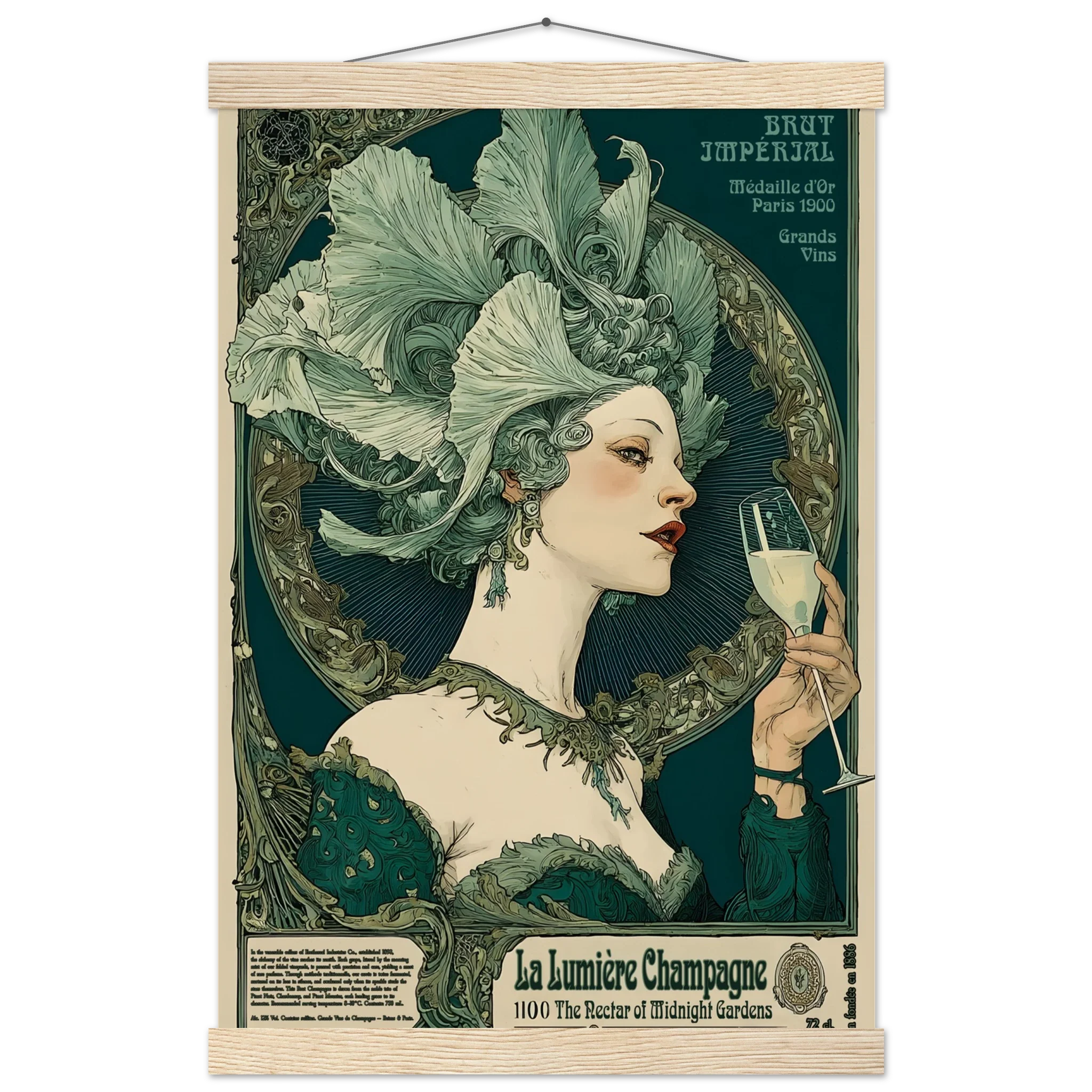 Vintage-style poster of a woman holding a champagne glass with intricate design elements.