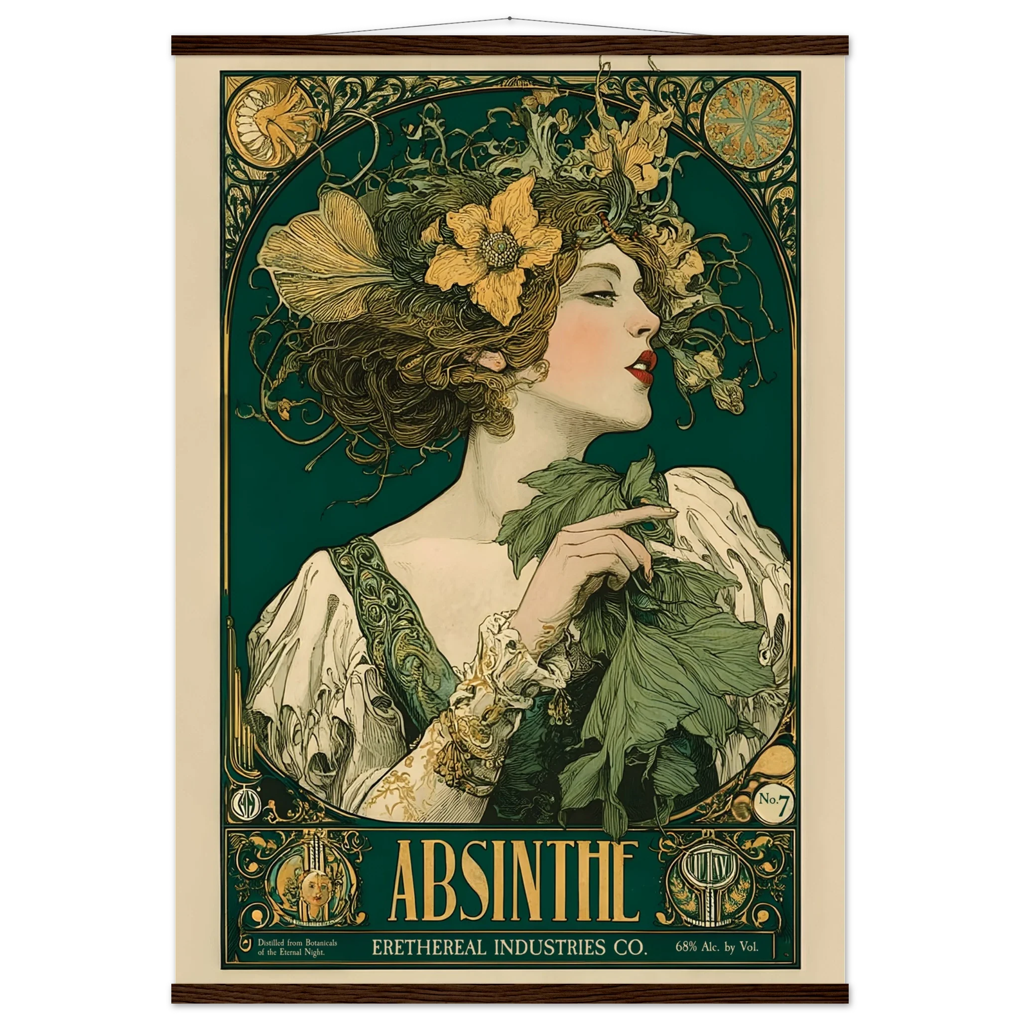 Vintage-style Absinthe poster with a woman holding leaves and flowers.