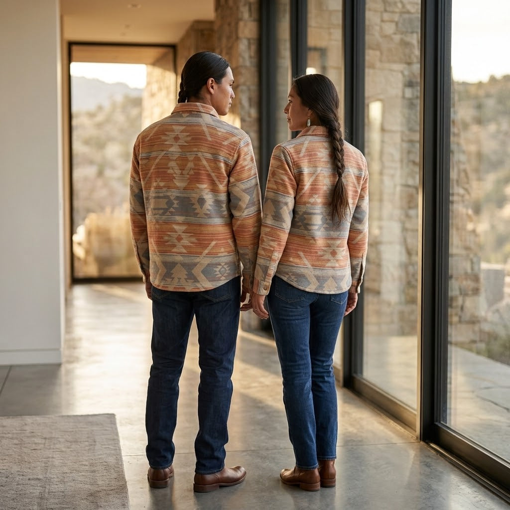 A man and a woman standing side by side from behind, wearing matching patterned long-sleeve button-up shirts with a southwestern geometric design in orange, beige, and blue, paired with dark blue jeans and brown leather boots, in a modern stone-walled corridor.