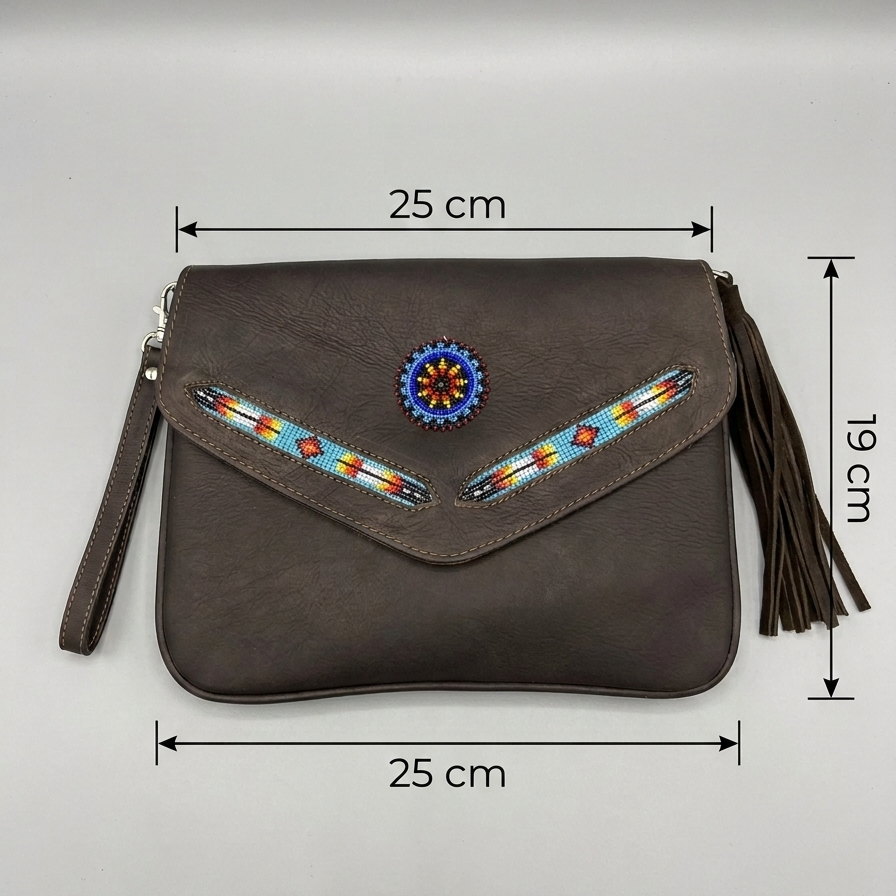 Brown leather handbag with decorative elements and measurements on a gray background